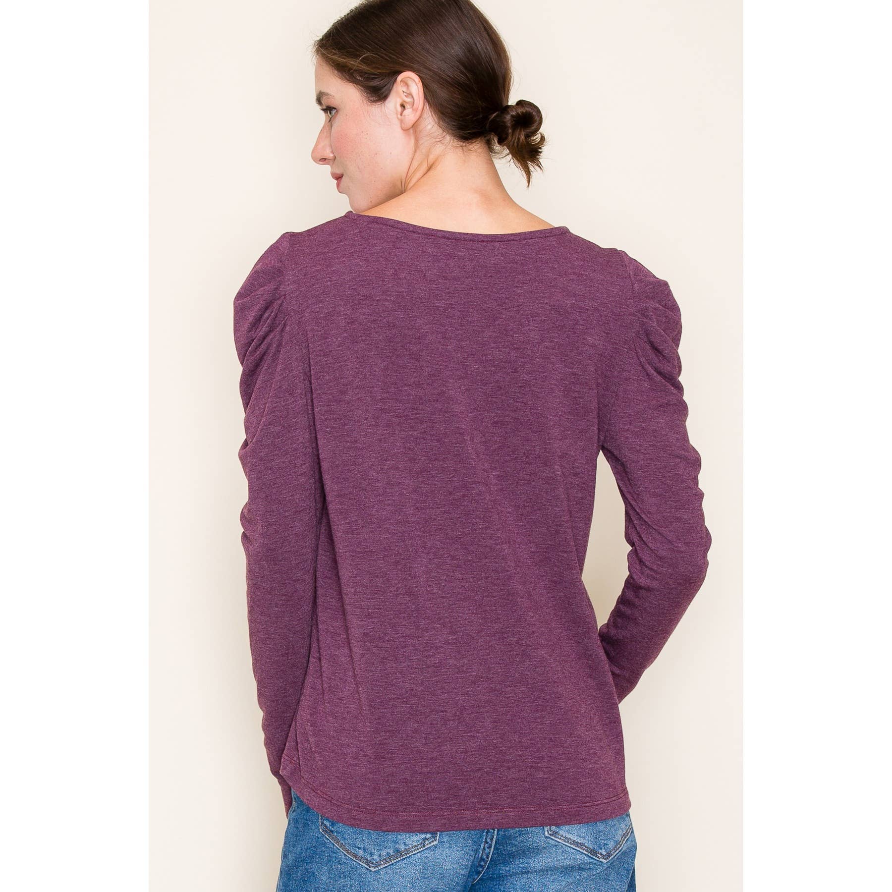 ROUND NECK GATHERED LONG SLEEVE TERRY TOP