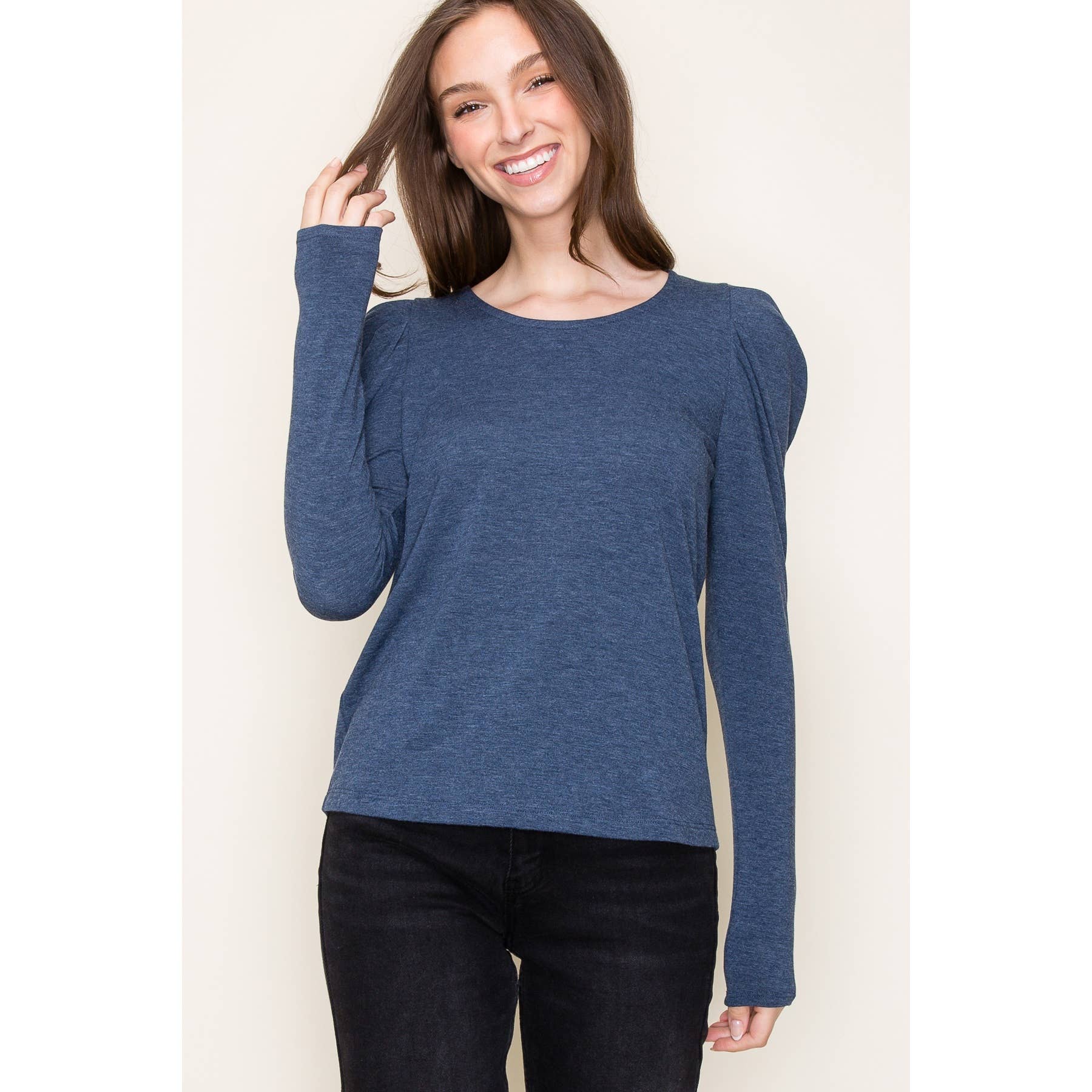 ROUND NECK GATHERED LONG SLEEVE TERRY TOP