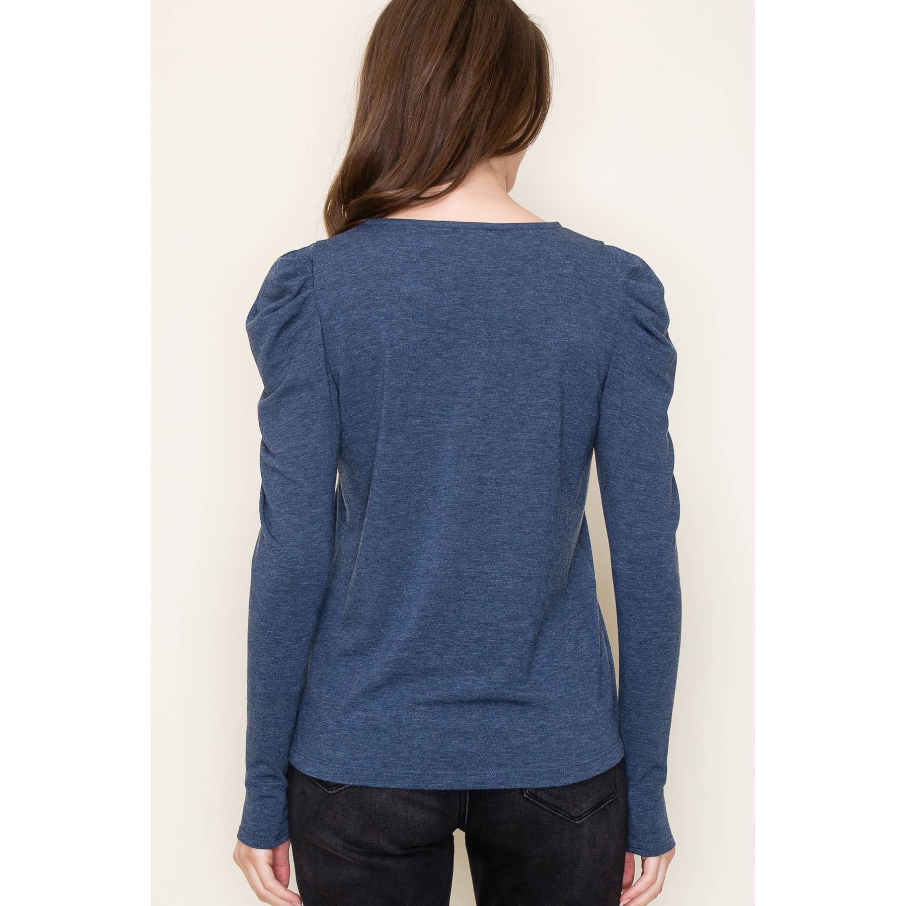 ROUND NECK GATHERED LONG SLEEVE TERRY TOP
