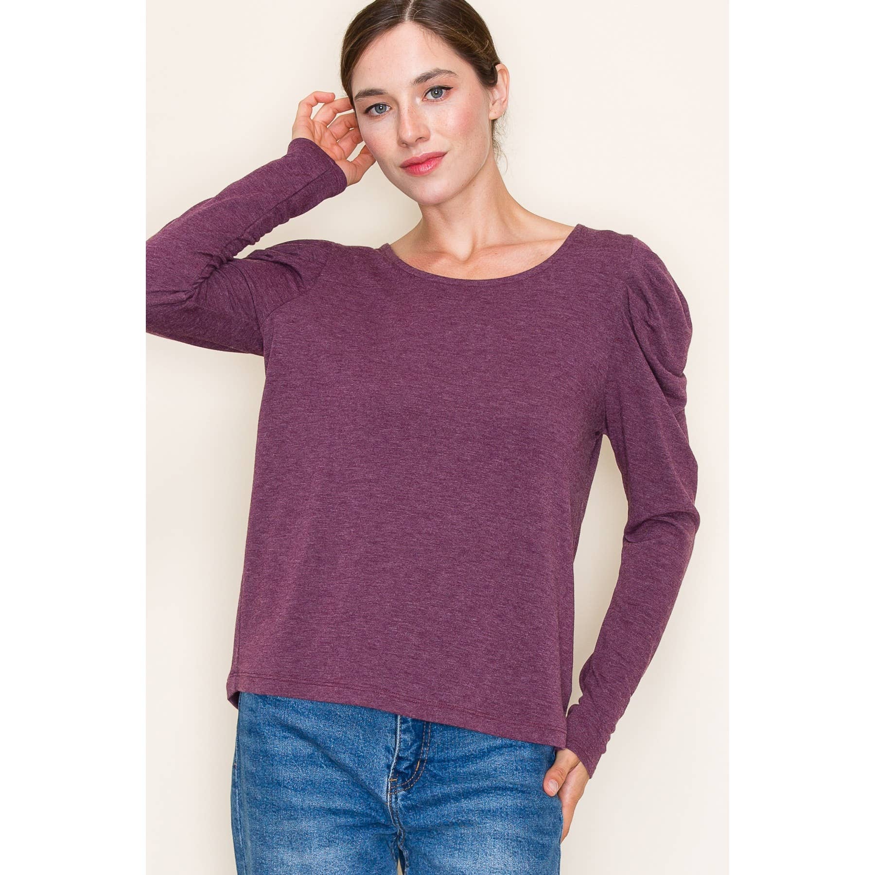 ROUND NECK GATHERED LONG SLEEVE TERRY TOP