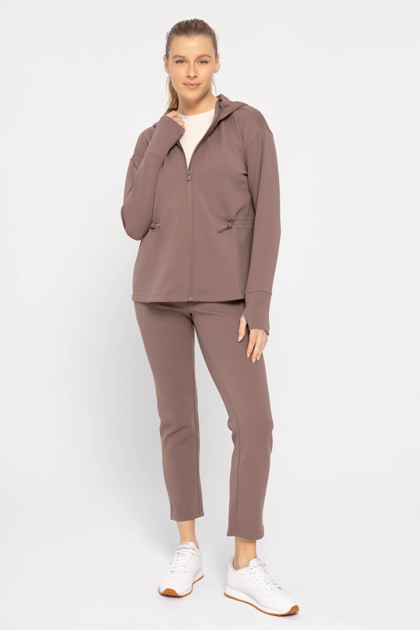 Jacquard Ribbed Hooded Jacket with Thumbholes