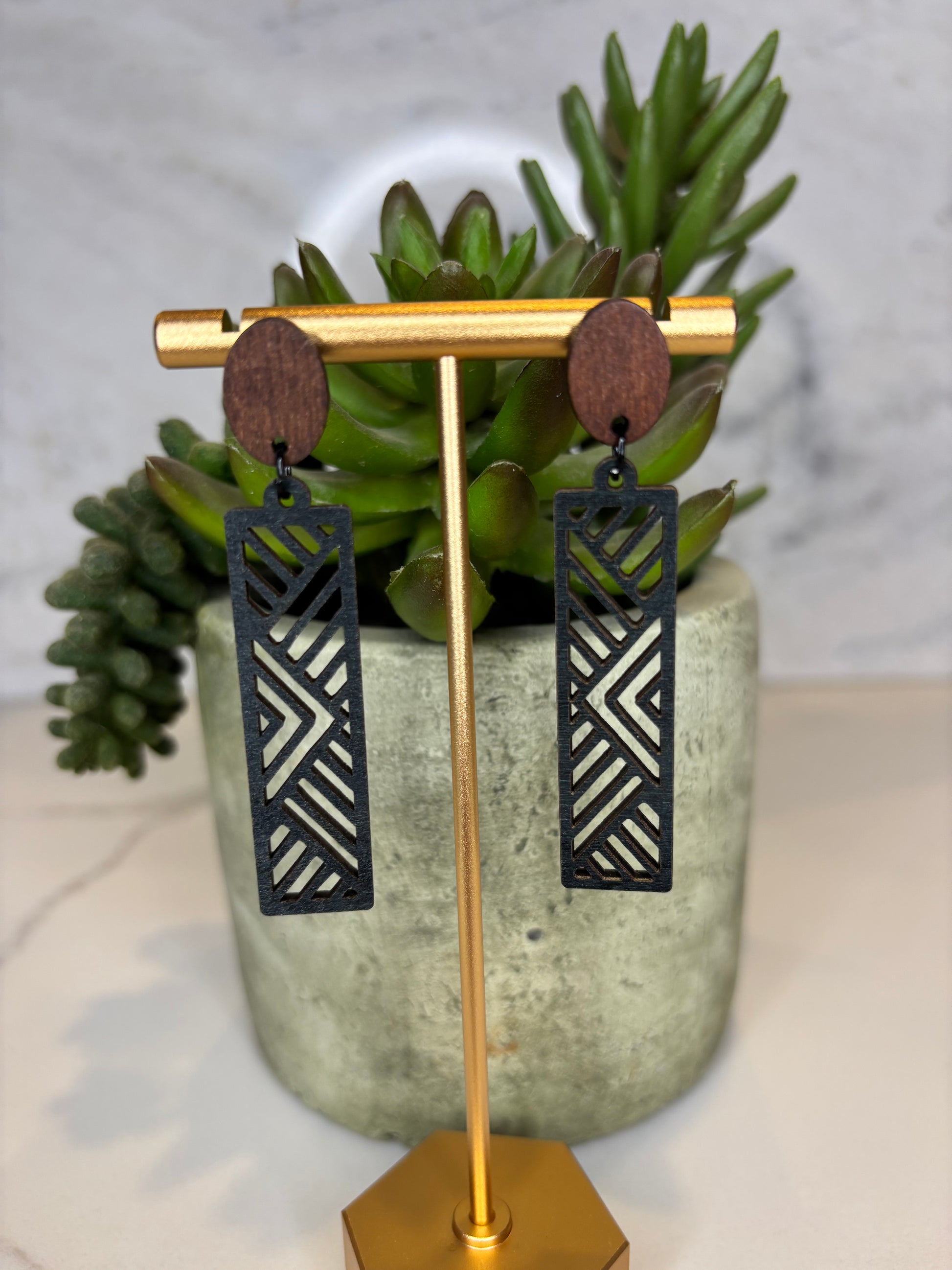 Large Black Wood Cutout Rectangle Dangle Earrings