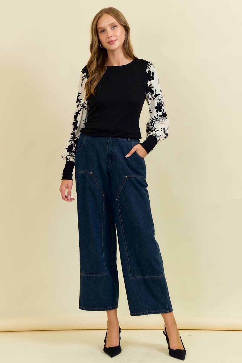 FLORAL JACQUARD CONTRAST SLEEVE KNIT TOP