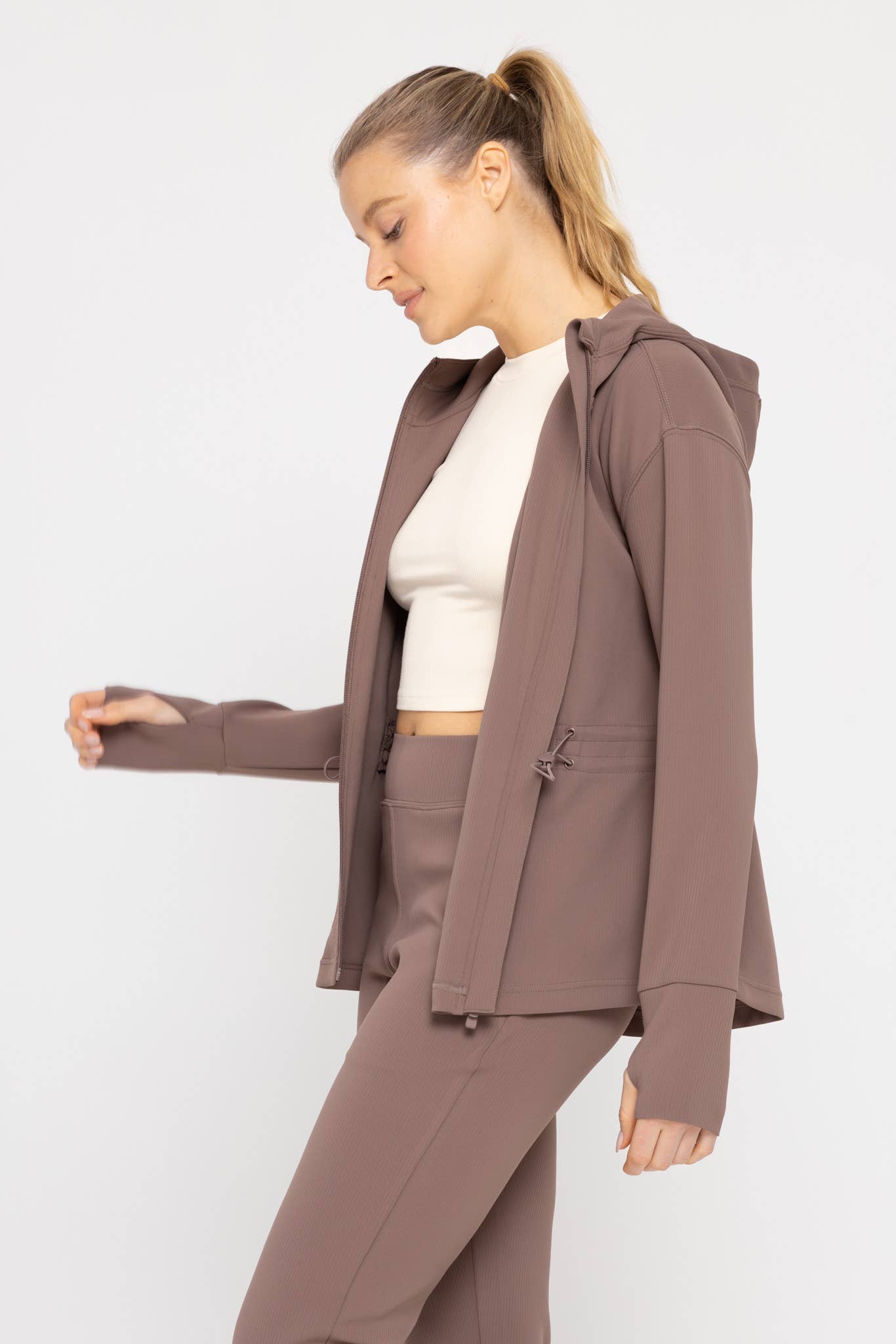 Jacquard Ribbed Hooded Jacket with Thumbholes