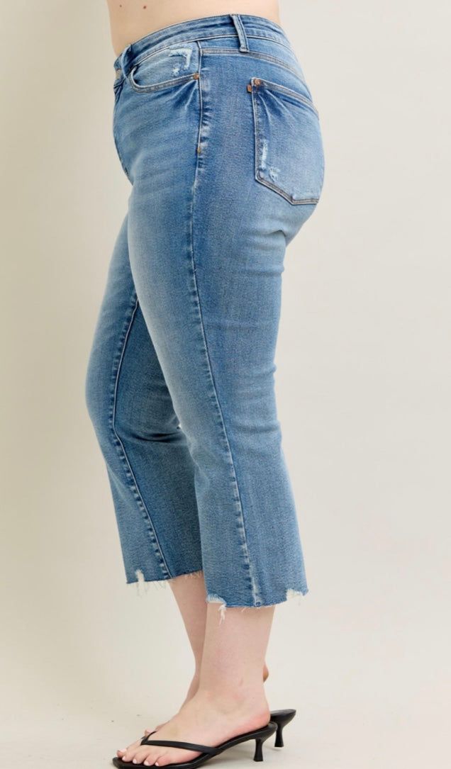 Curvy Judy Blue Vintage Wash Destroy Hem Kick Flare Crop Denim