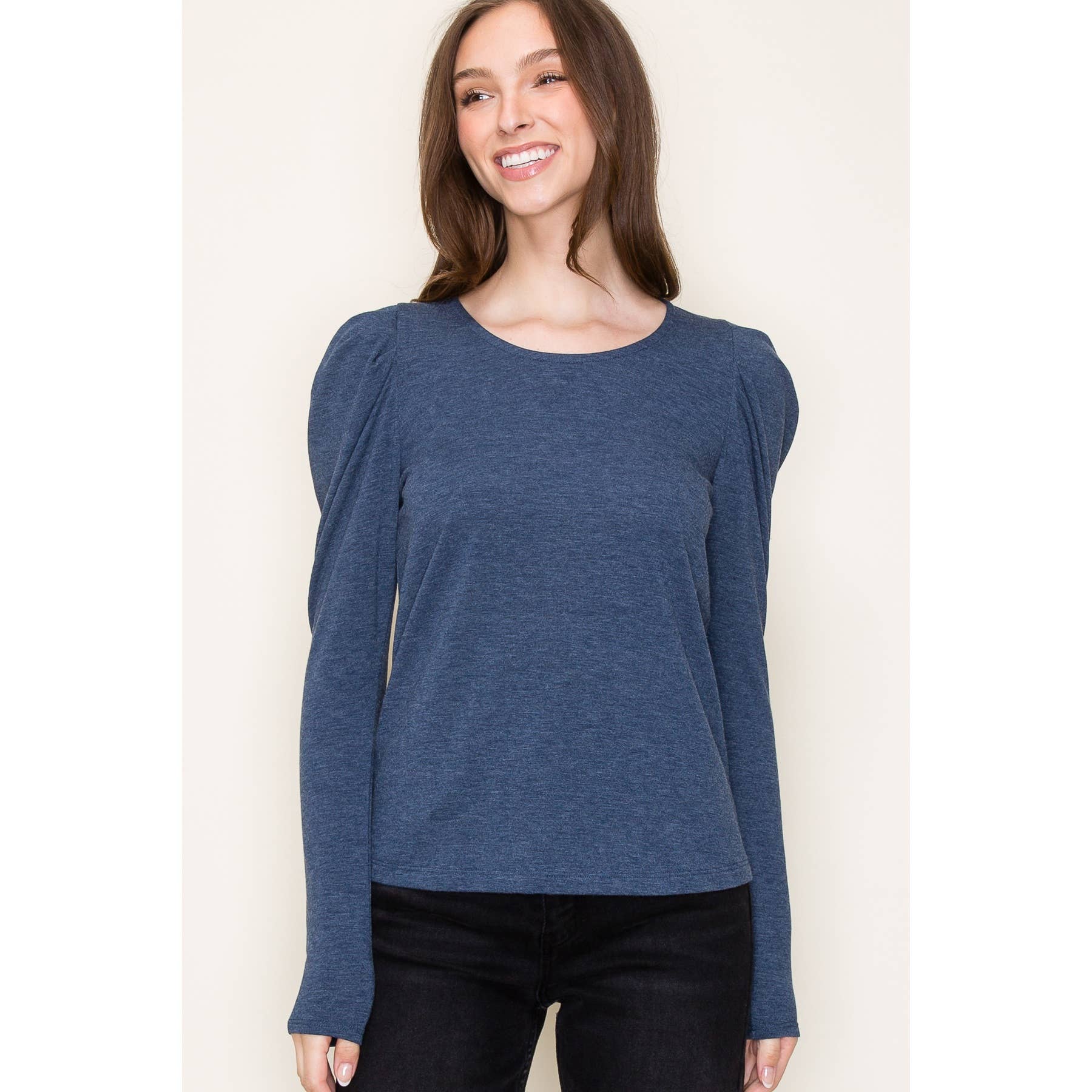 ROUND NECK GATHERED LONG SLEEVE TERRY TOP