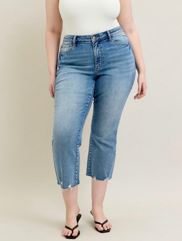 Curvy Judy Blue Vintage Wash Destroy Hem Kick Flare Crop Denim