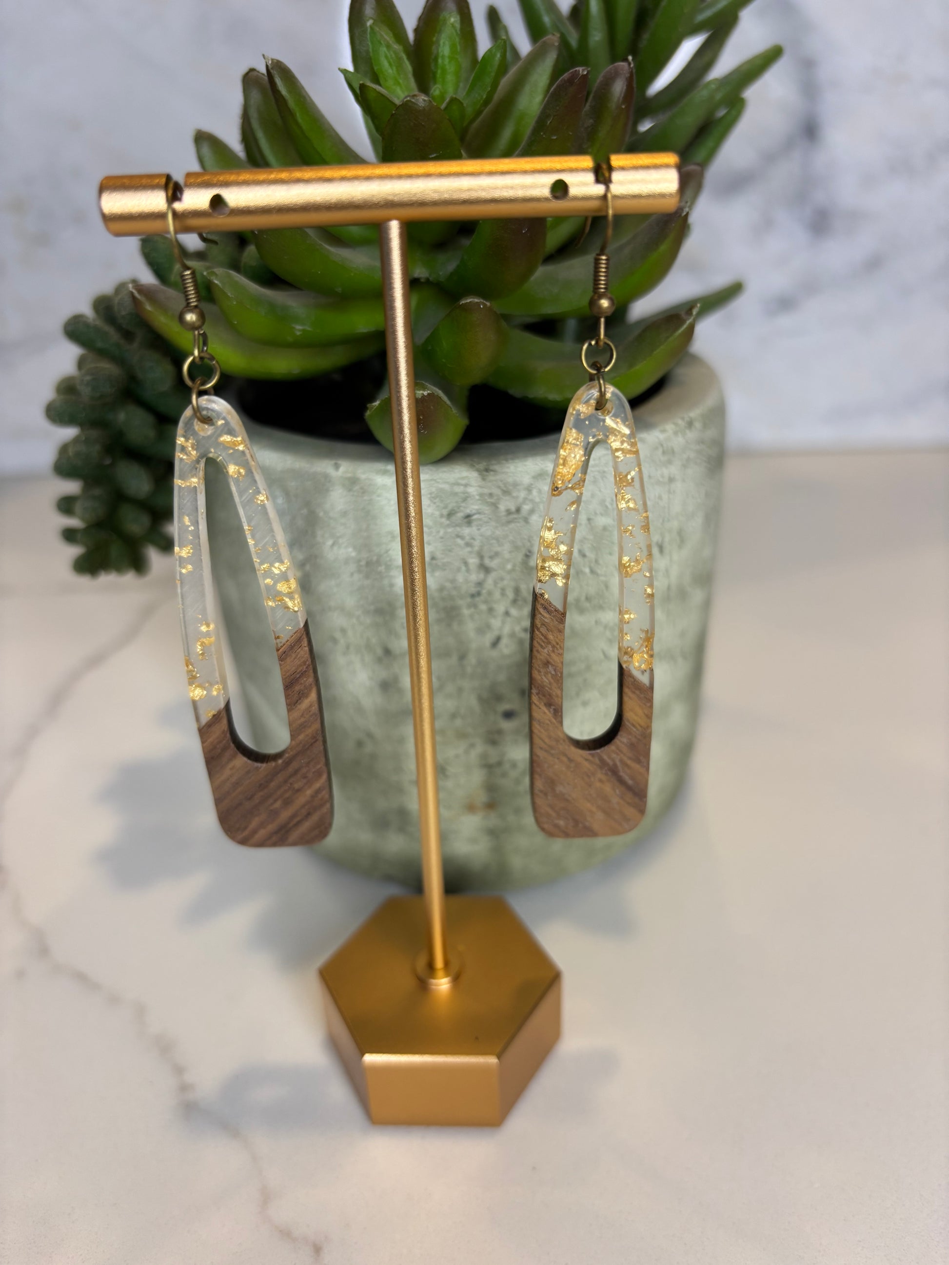 Long Open Dangle Acrylic And Wood Earrings