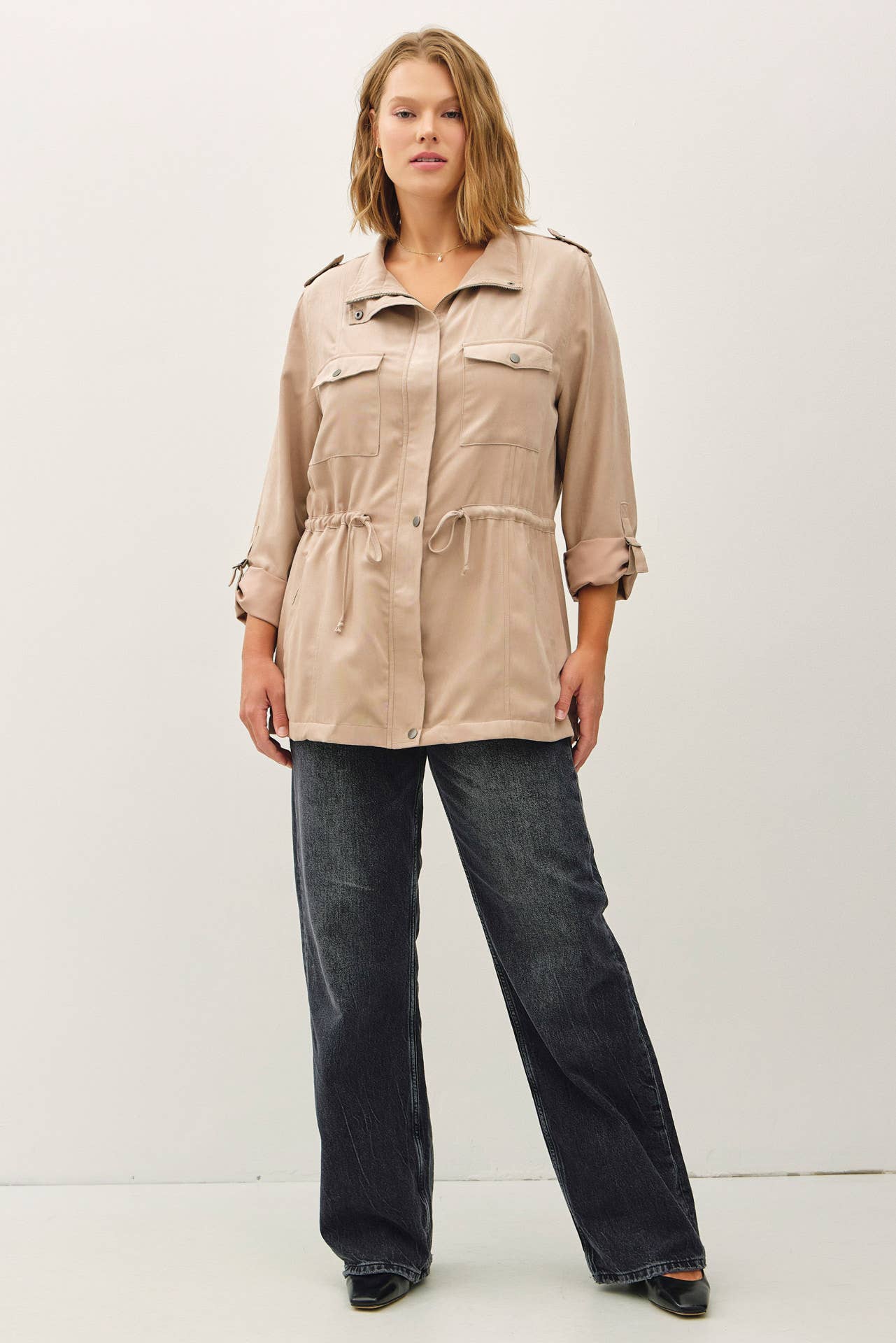 CURVY CINCHED WAIST CARGO UTILITY JACKET