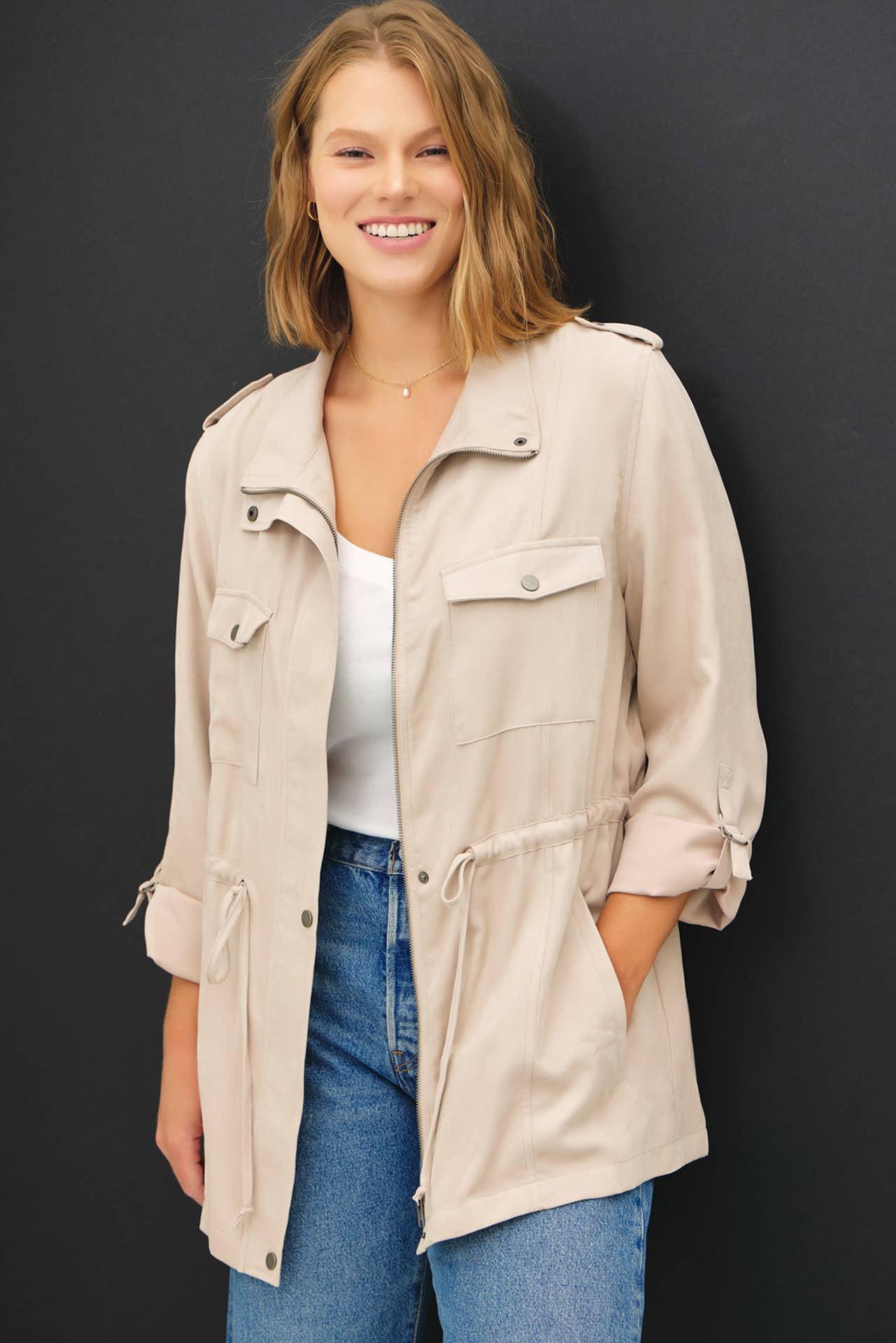 CURVY CINCHED WAIST CARGO UTILITY JACKET