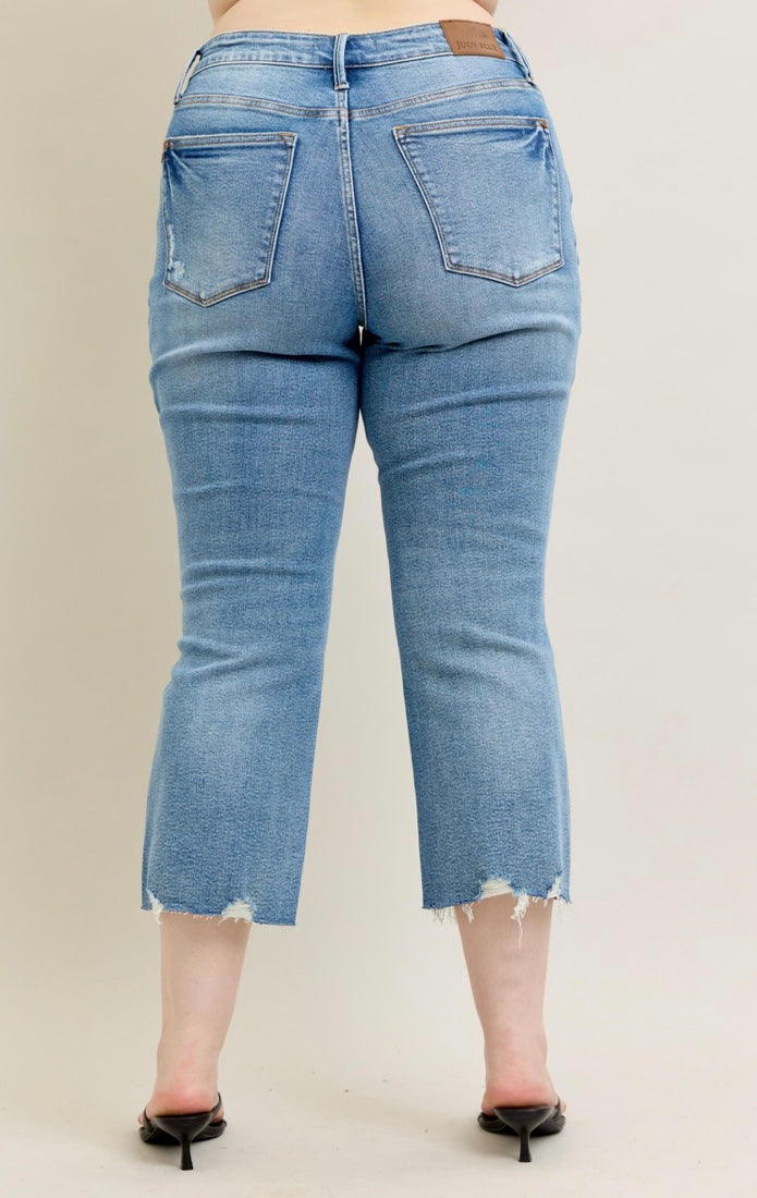 Curvy Judy Blue Vintage Wash Destroy Hem Kick Flare Crop Denim