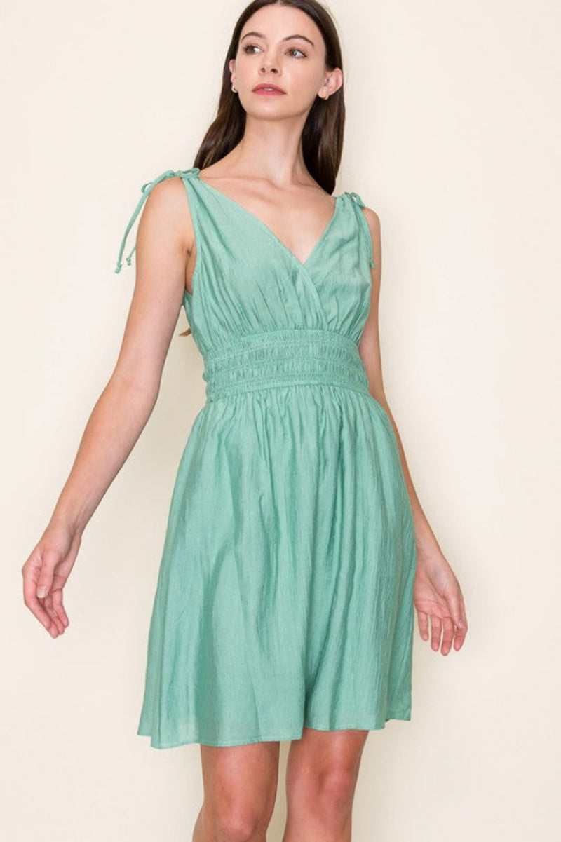 Drawstring shoulder v-neck dress