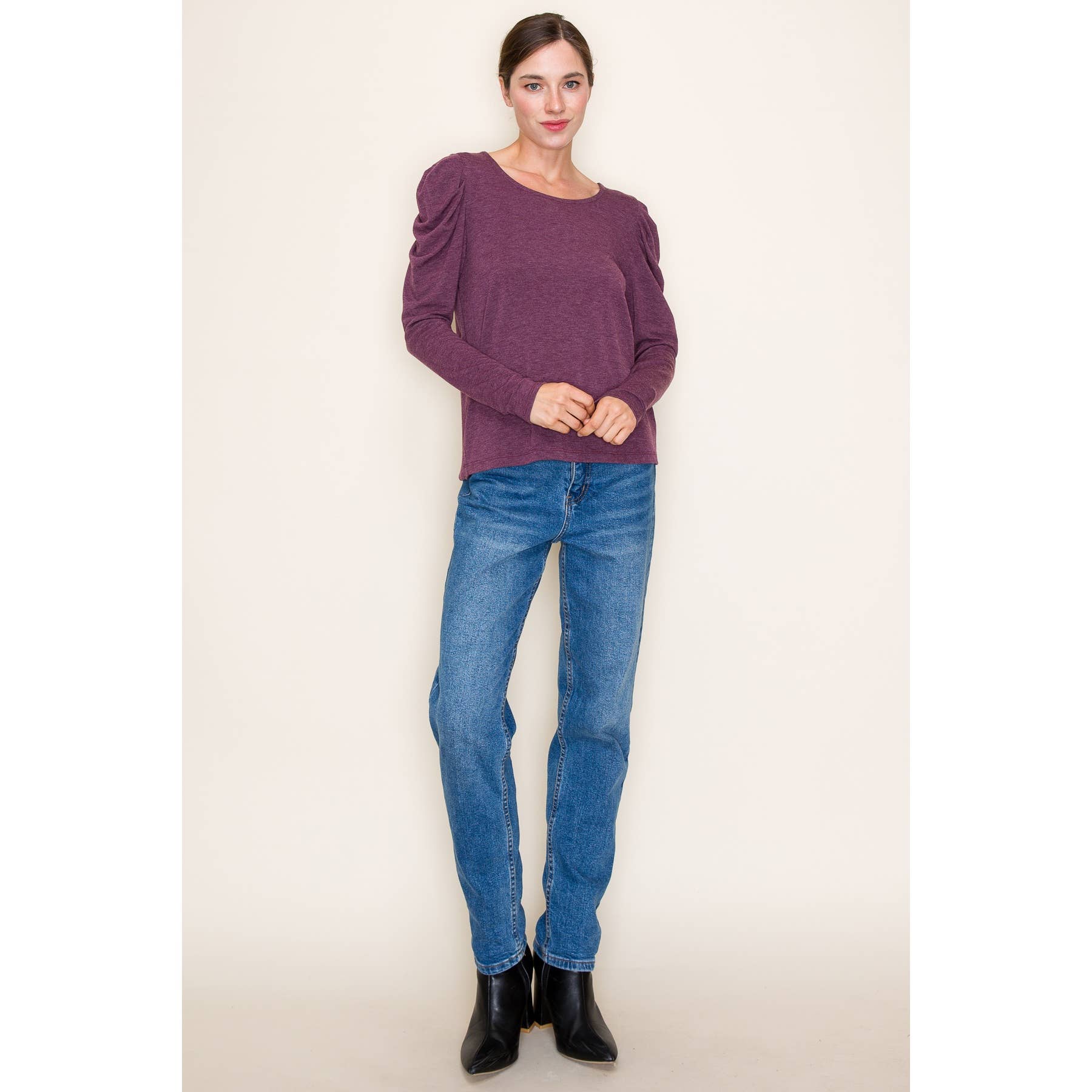 ROUND NECK GATHERED LONG SLEEVE TERRY TOP