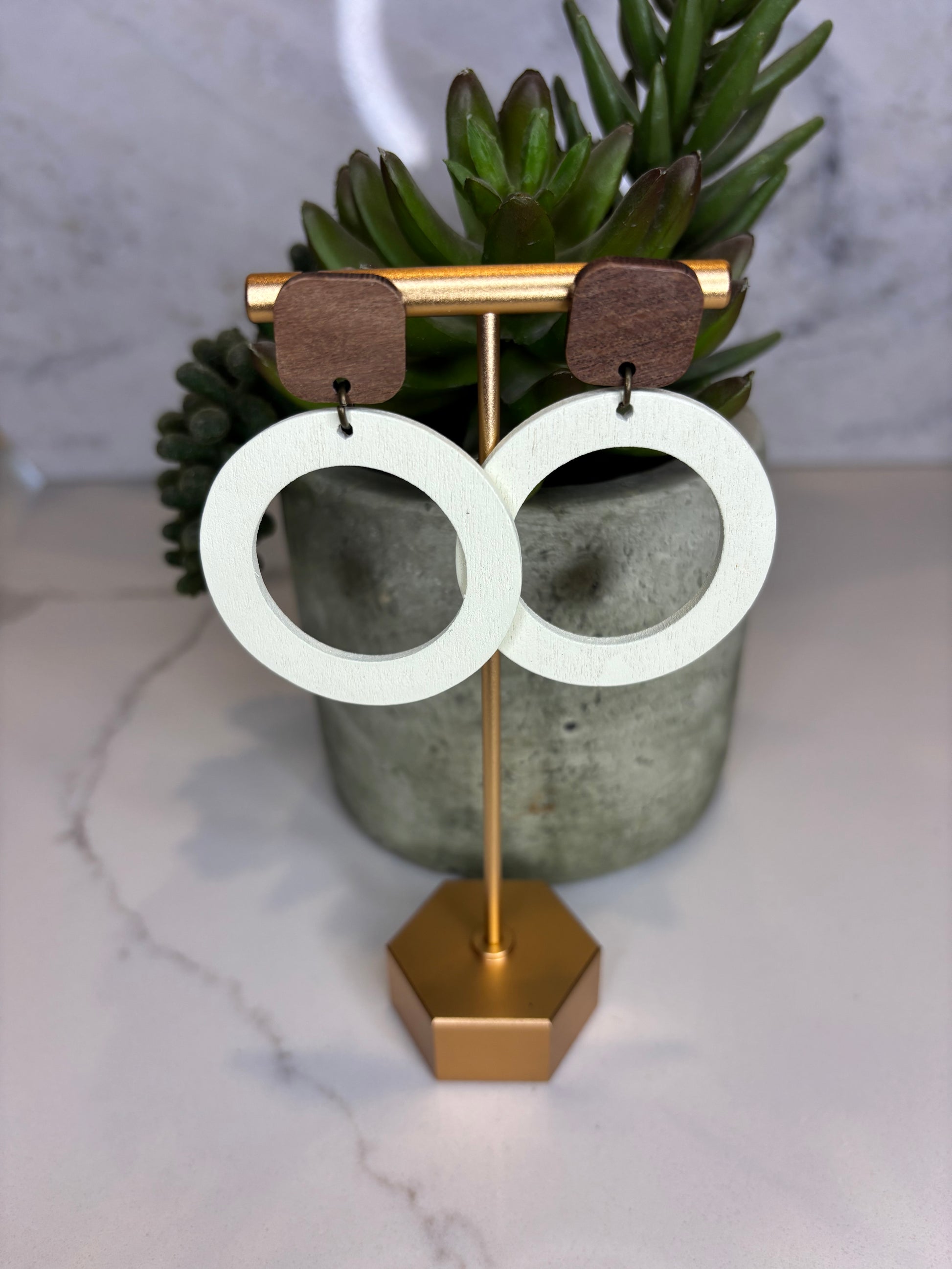 Open Cream Circle Wooden Earrings