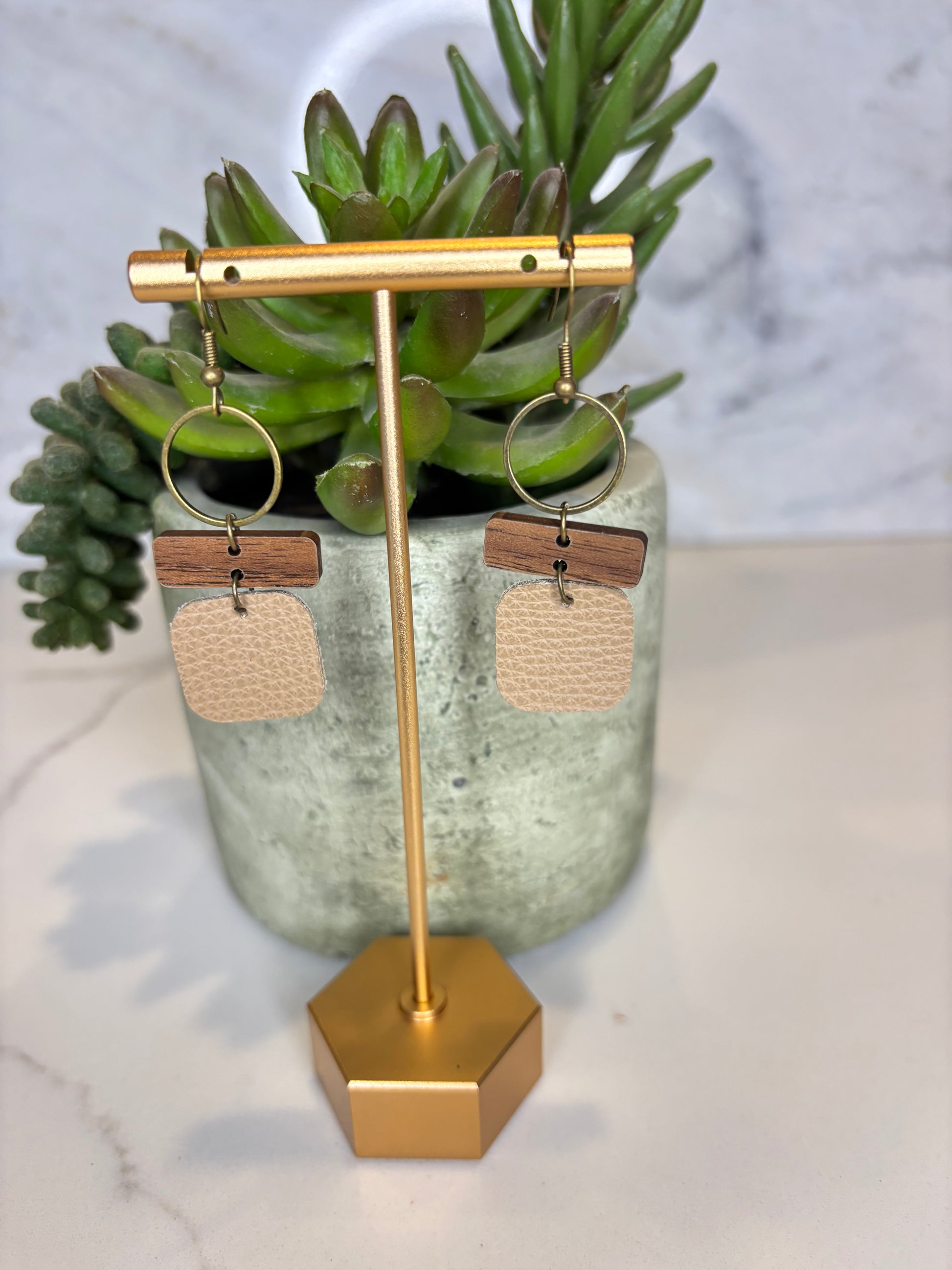 Tan leather and Wood Dangle Earrings