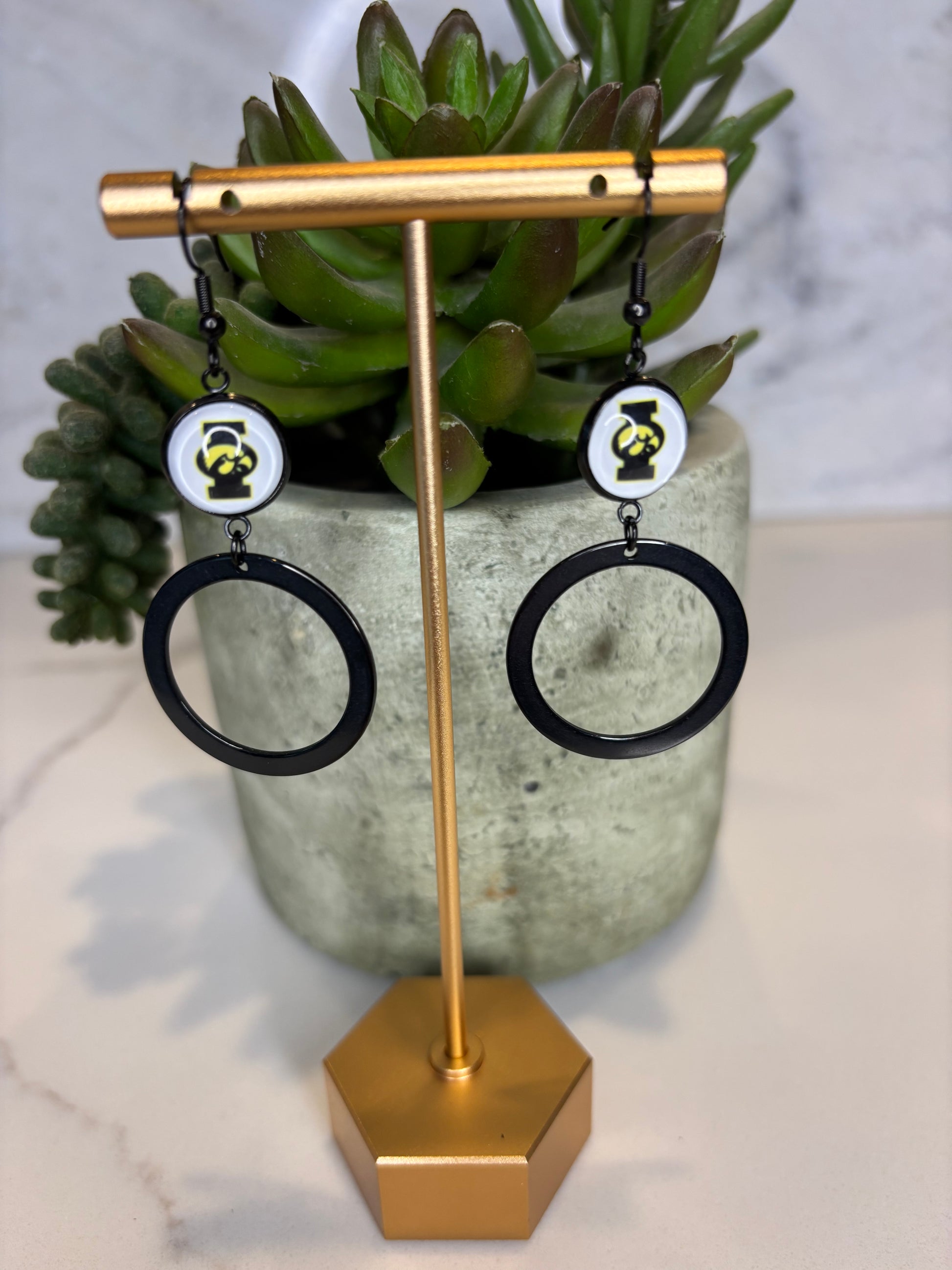 Black Dangle Big I University of Iowa earrings