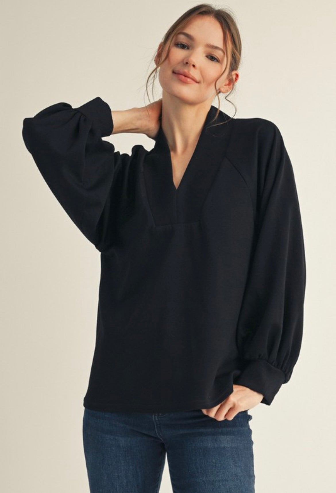 Long Sleeve Scuba V-neck Top