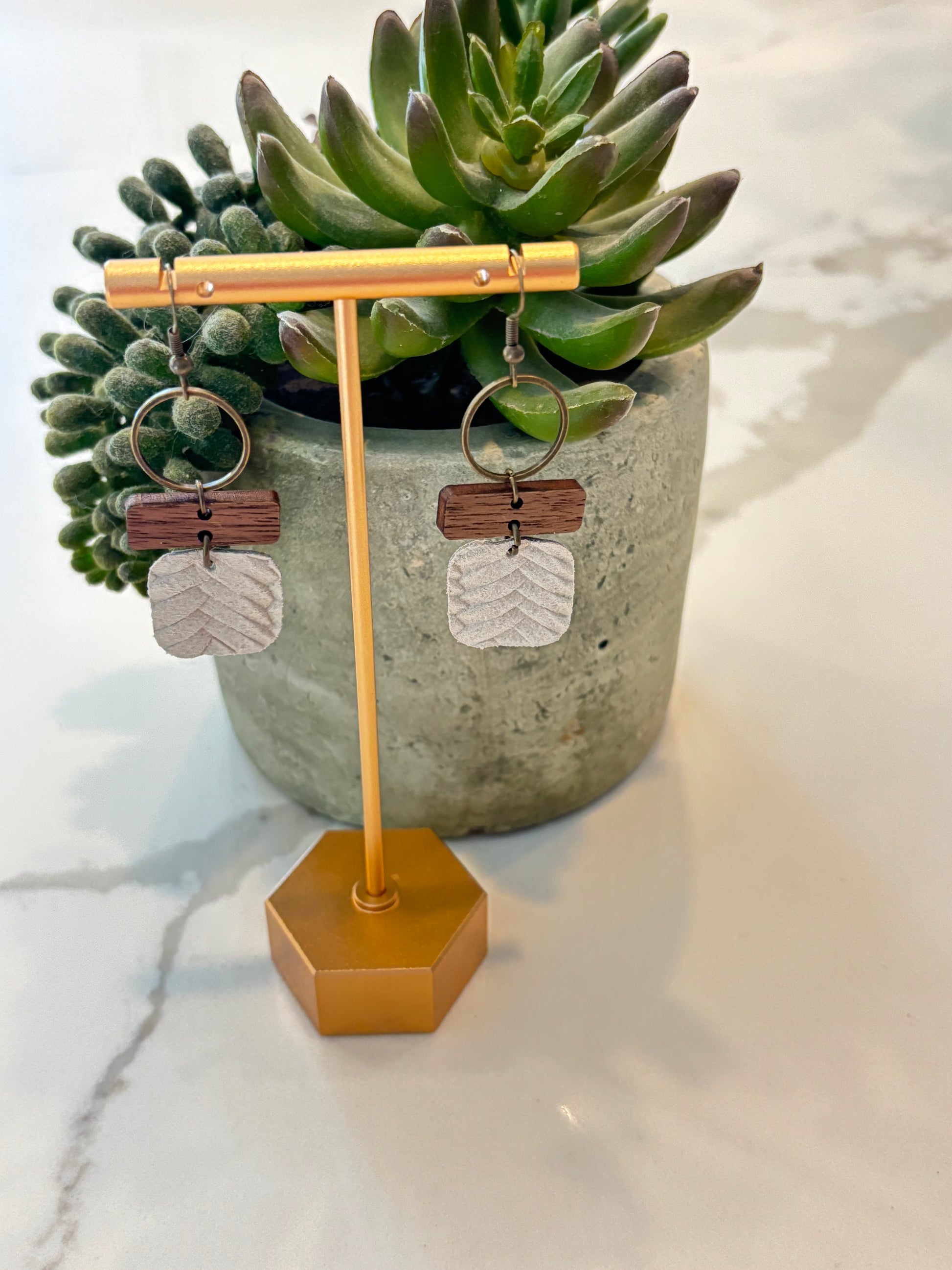 Cream Leather Chevron Embossed with Wood Dangle Earrings