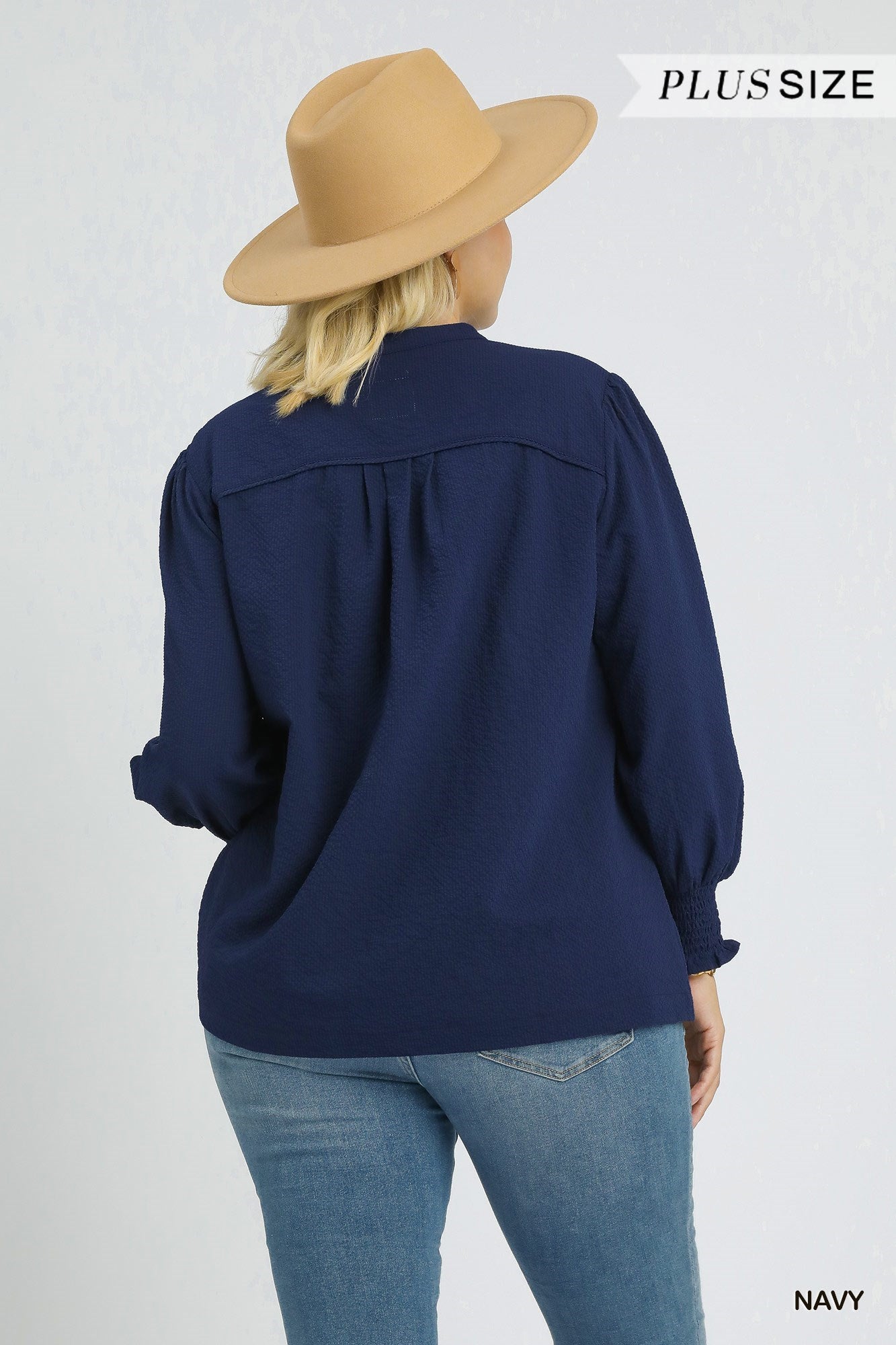 Curvy Textured V-Neck Blouse with Smocked Cuffs