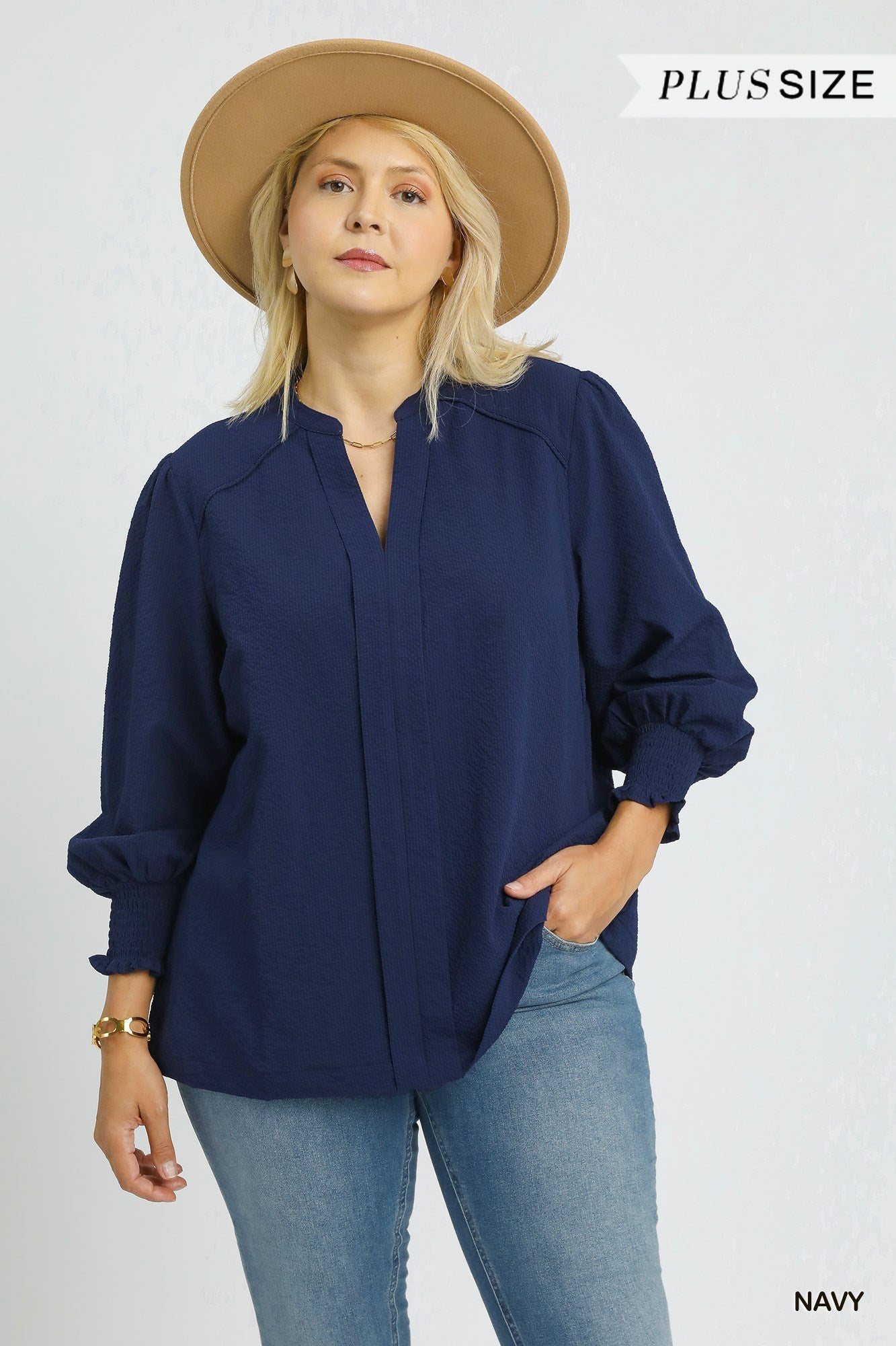 Curvy Textured V-Neck Blouse with Smocked Cuffs