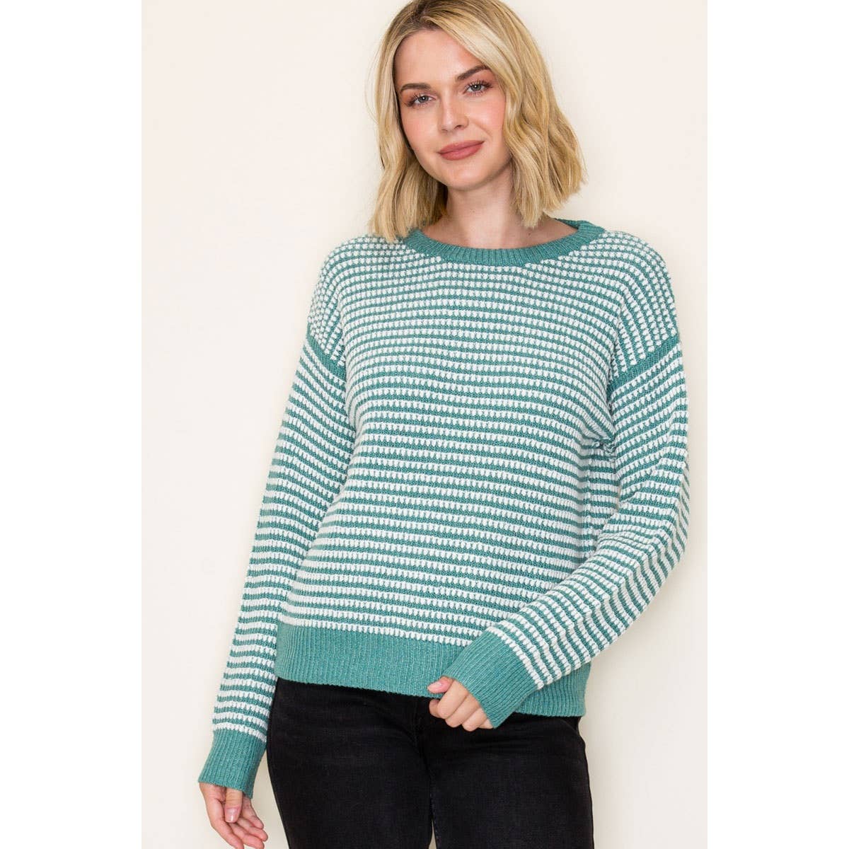 2 TONE WAFFLE STRIPED PULLOVER SWEATER