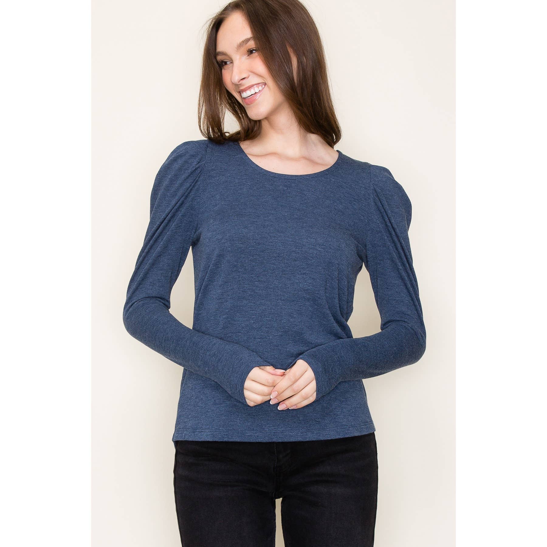ROUND NECK GATHERED LONG SLEEVE TERRY TOP