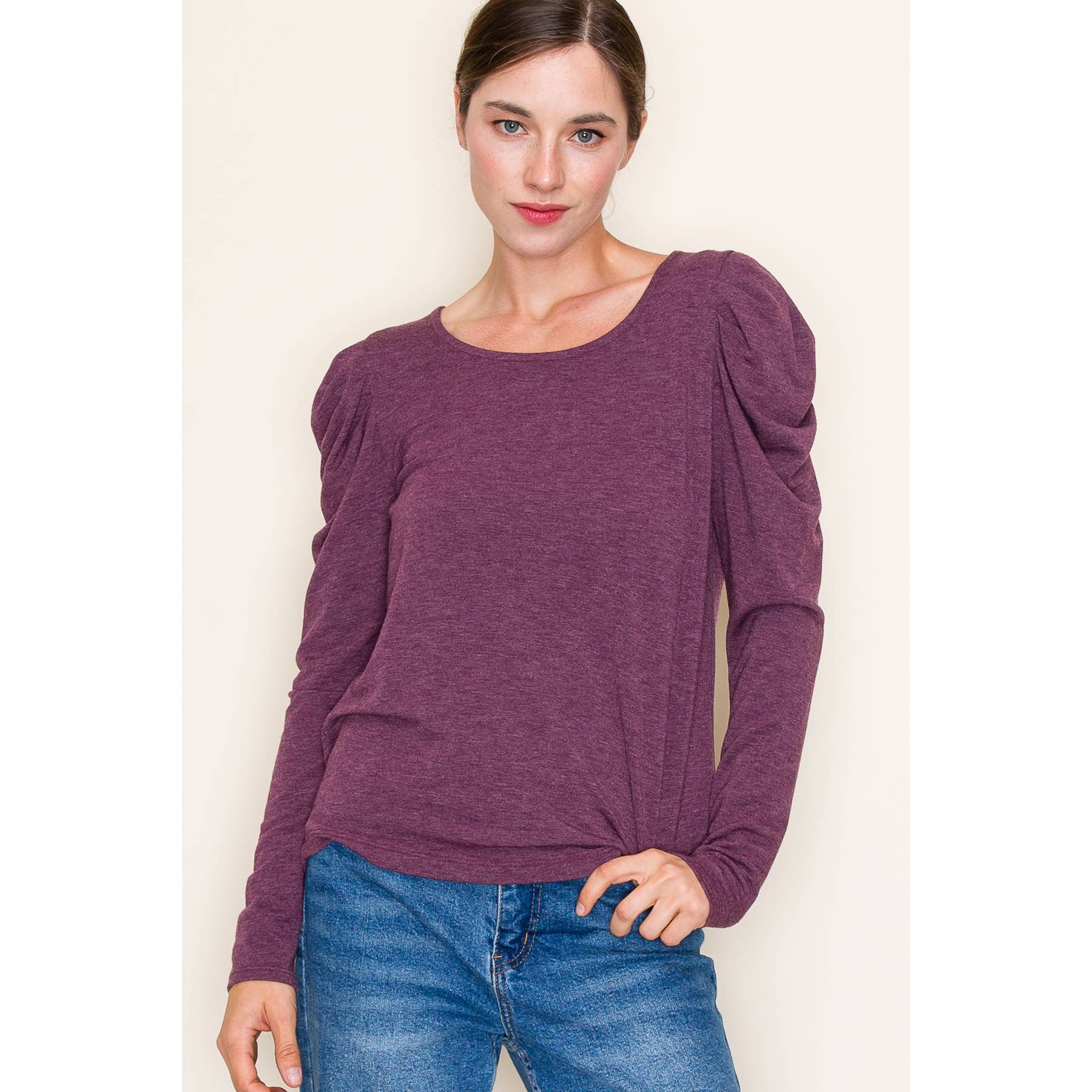 ROUND NECK GATHERED LONG SLEEVE TERRY TOP