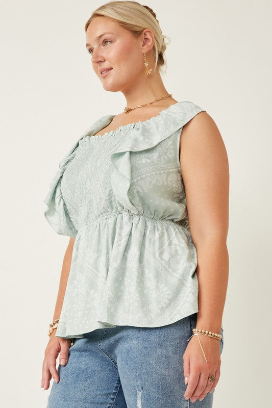 Curvy Handkerchief Print Smocked Ruffle Tank