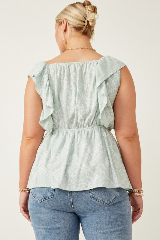 Curvy Handkerchief Print Smocked Ruffle Tank