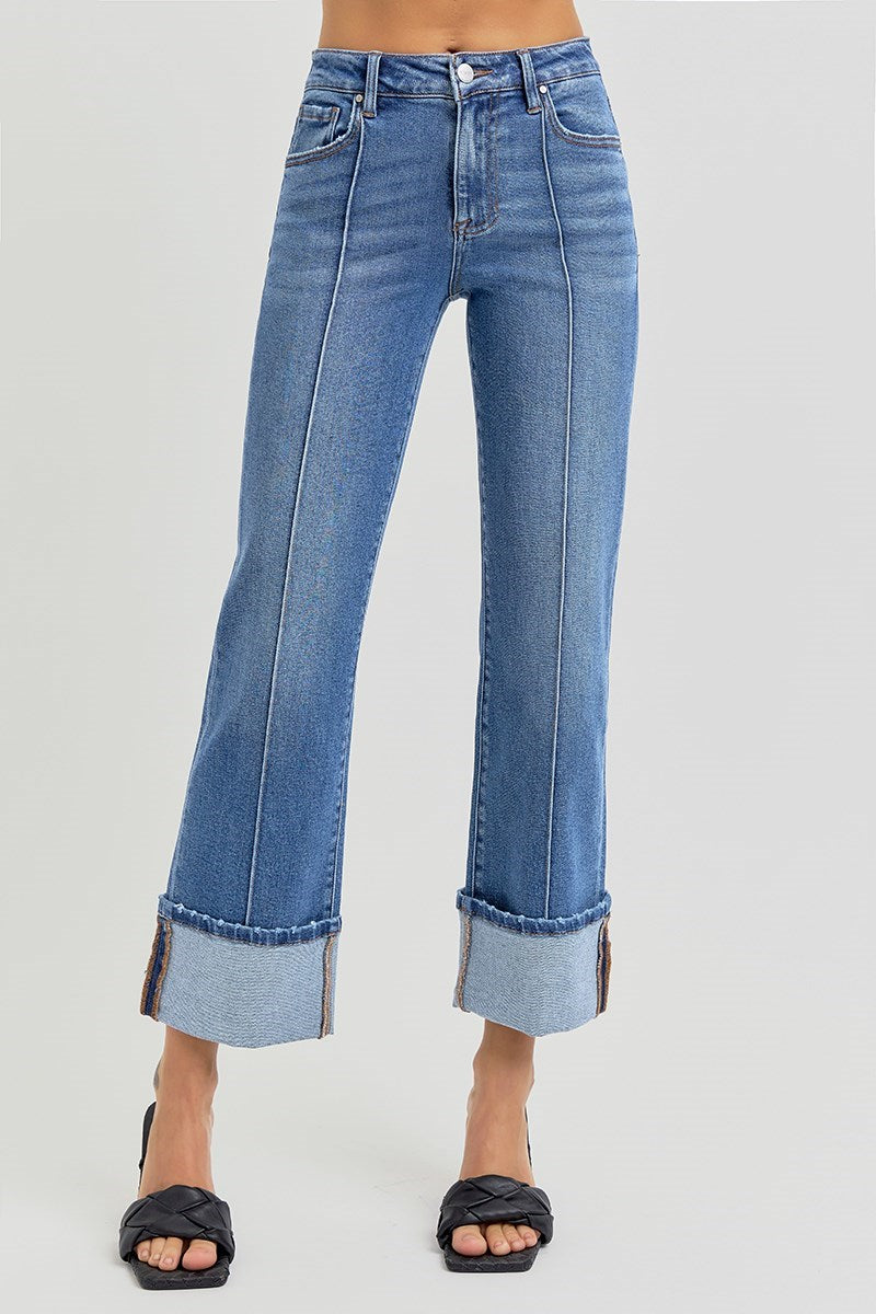 Curvy Risen High Rise Straight Cuffed PIntuck Ankle Jean