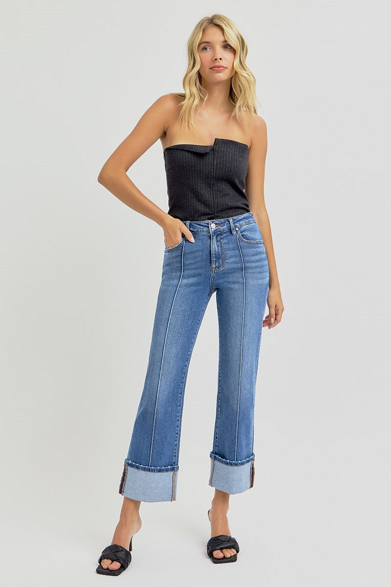 Curvy Risen High Rise Straight Cuffed PIntuck Ankle Jean