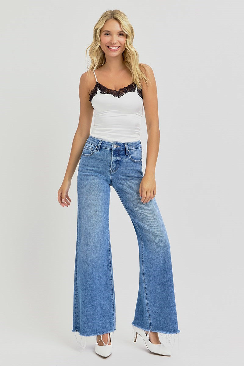 Curvy Risen TC Mid Rise Raw Hem Wide Leg Jean