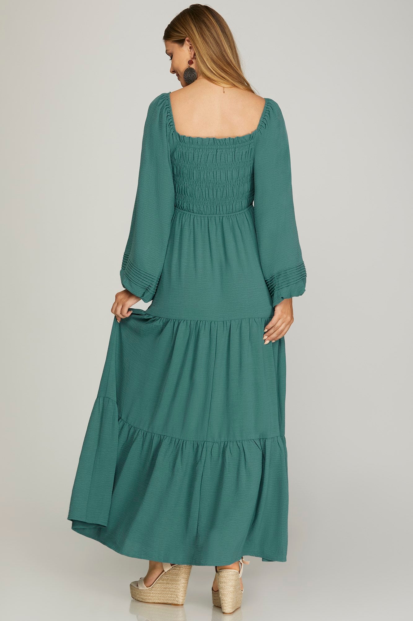 Puffed Long-sleeved Smocked Maxi Dress