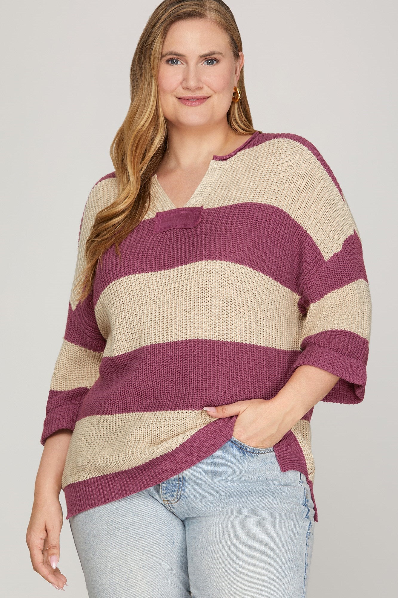 Curvy 3/4 sleeve Striped Sweater