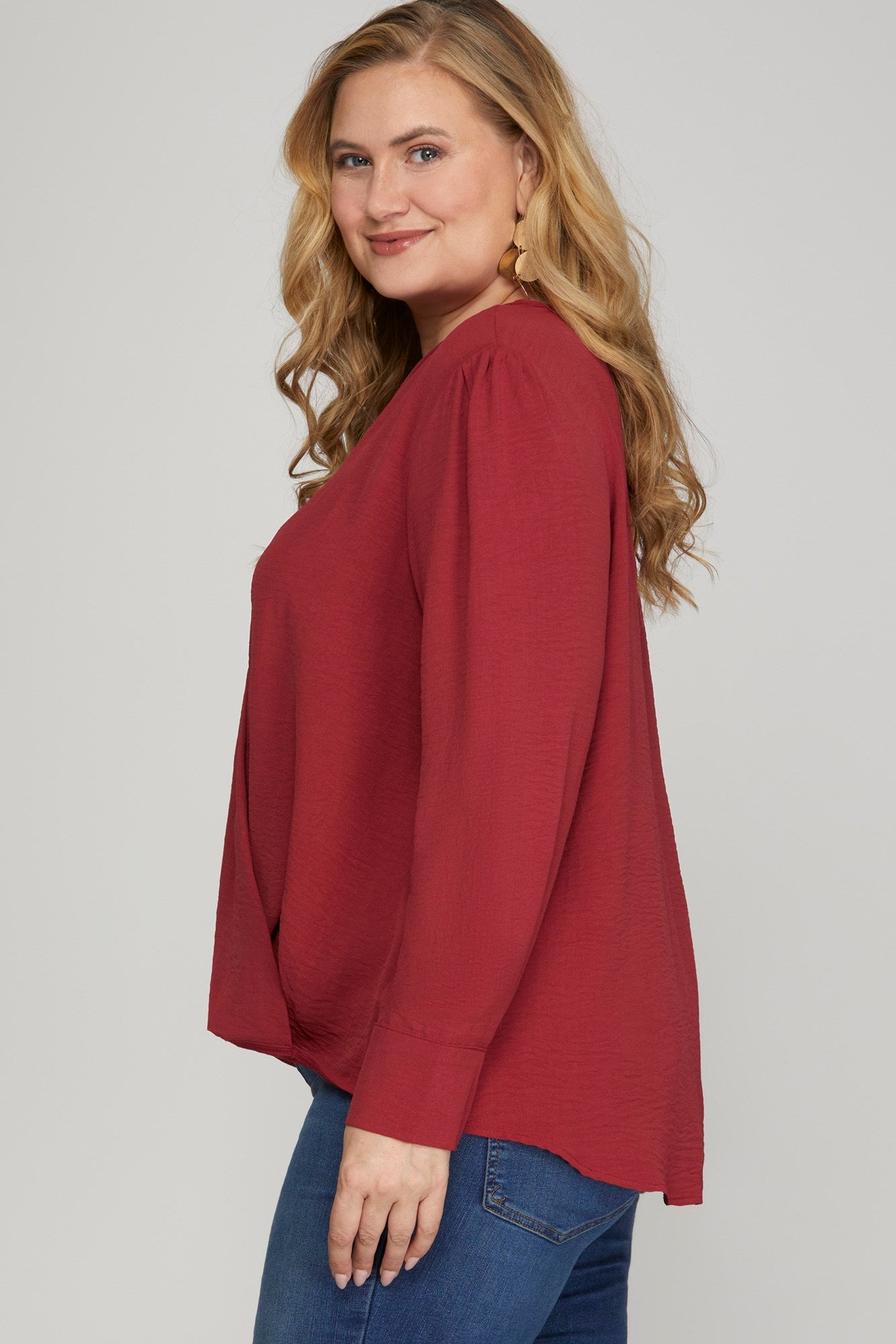 Curvy Long-Sleeve Surplice Woven Top