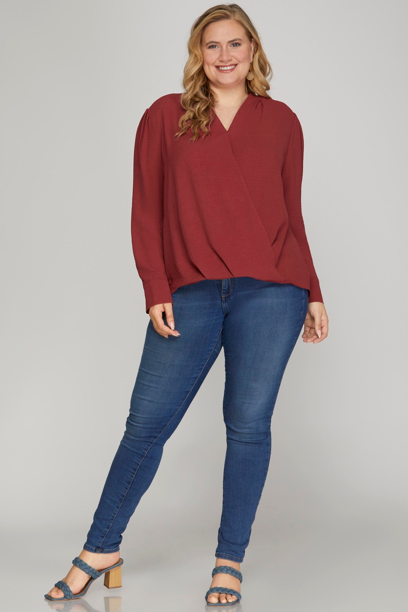 Curvy Long-Sleeve Surplice Woven Top
