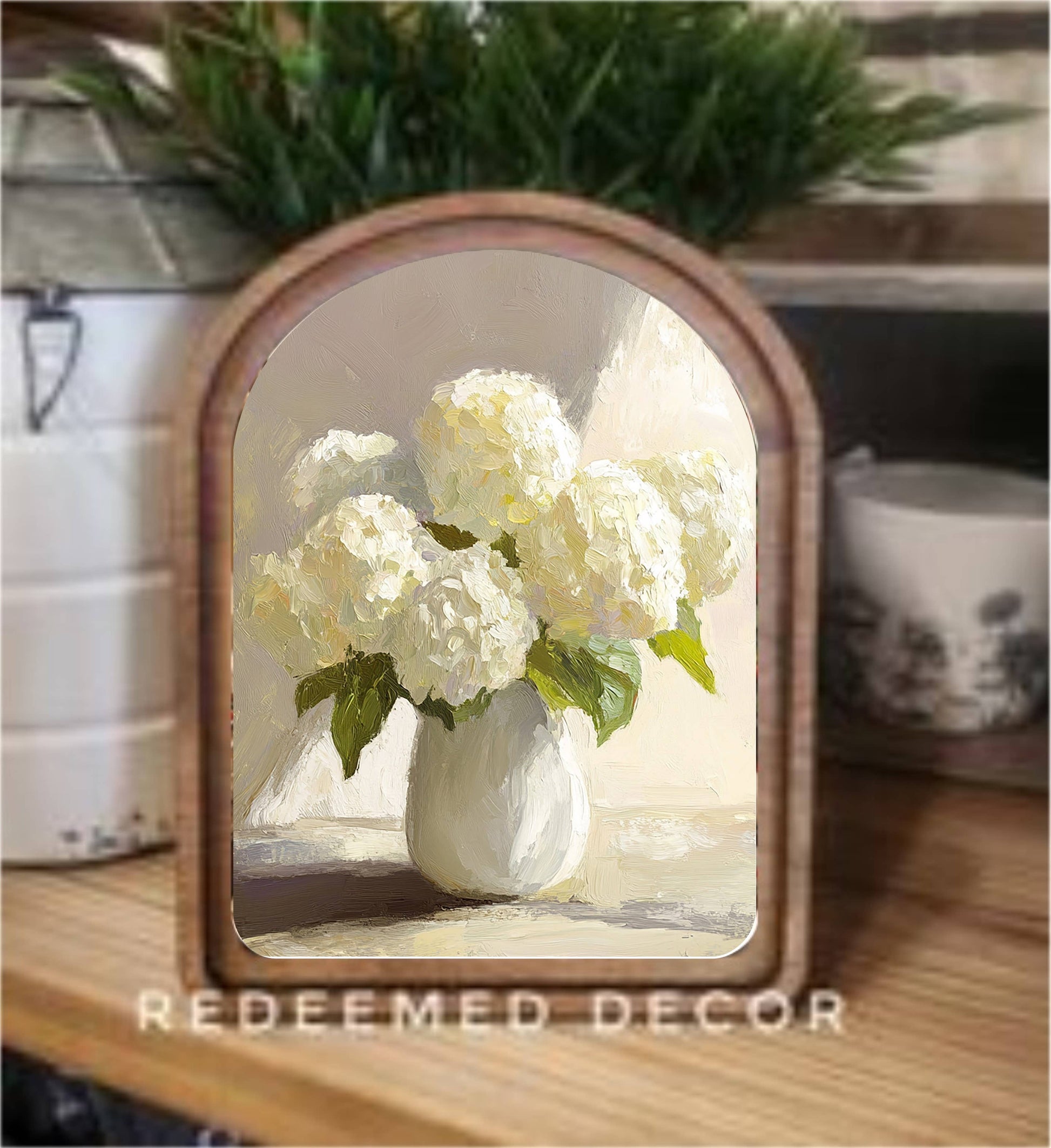 6x8 Arch Top Hydrangea Vase Framed Art