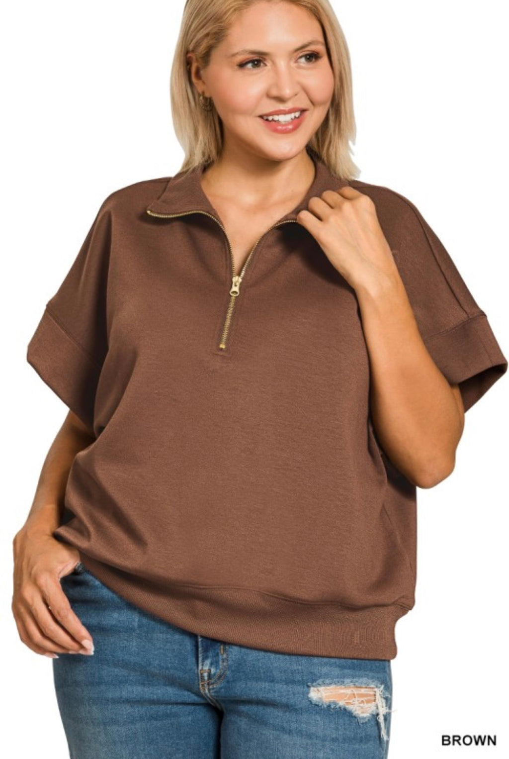 Curvy Scuba High Neck Half Zip Short Sleeve Pullover
