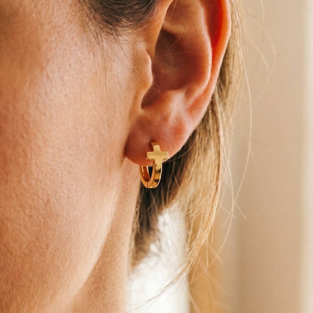 Gold Dipped Minimalist Cross Huggie Hoop Earrings