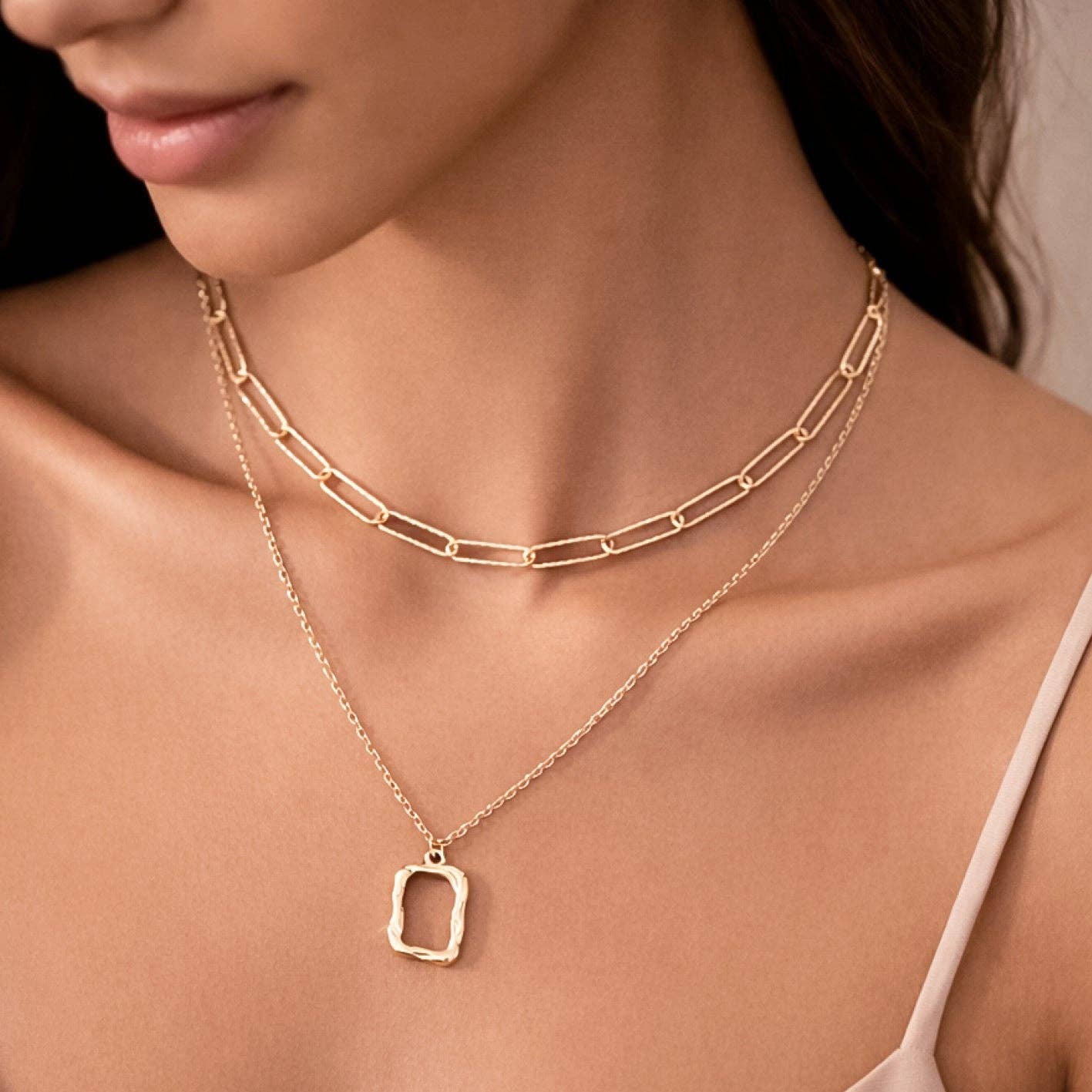 18K Gold Plated Waterproof Stainless Steel Layered Square Necklace