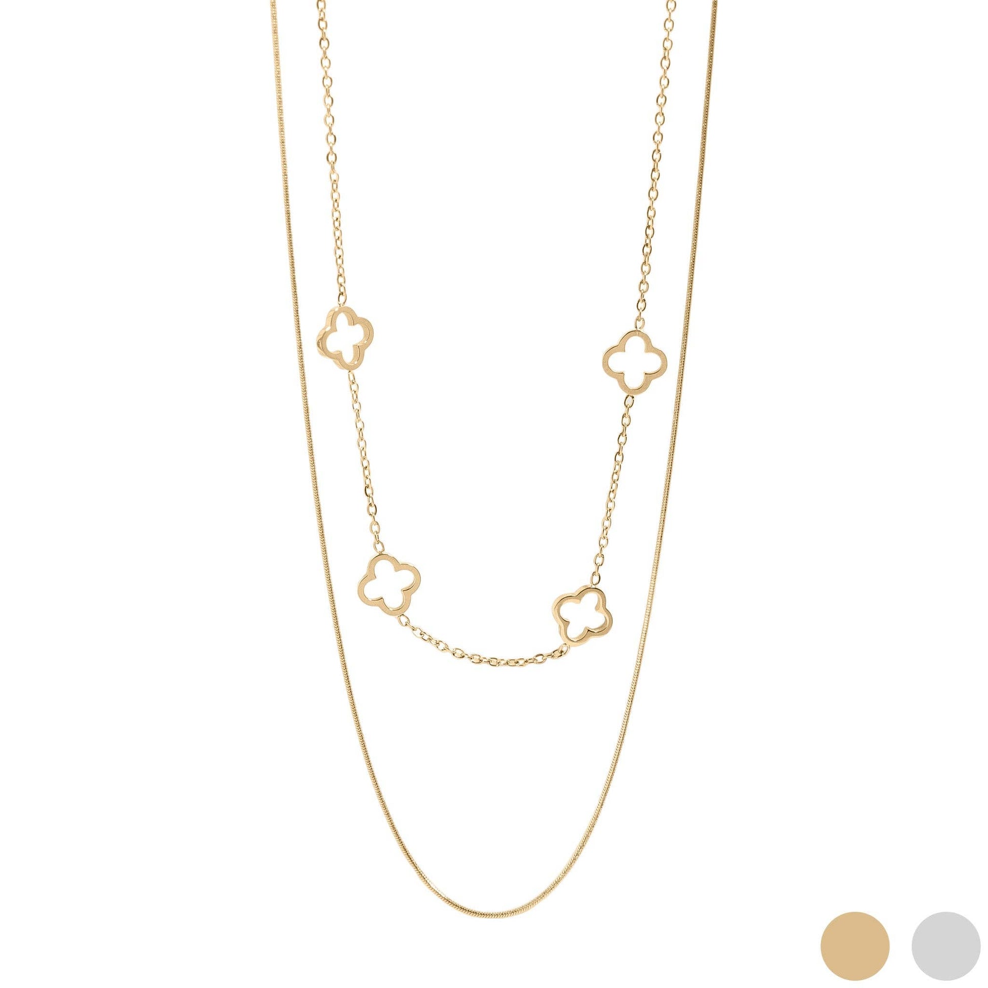 18K Gold PVD Stainless Steel Layered Clover Charm Necklace: Stainless