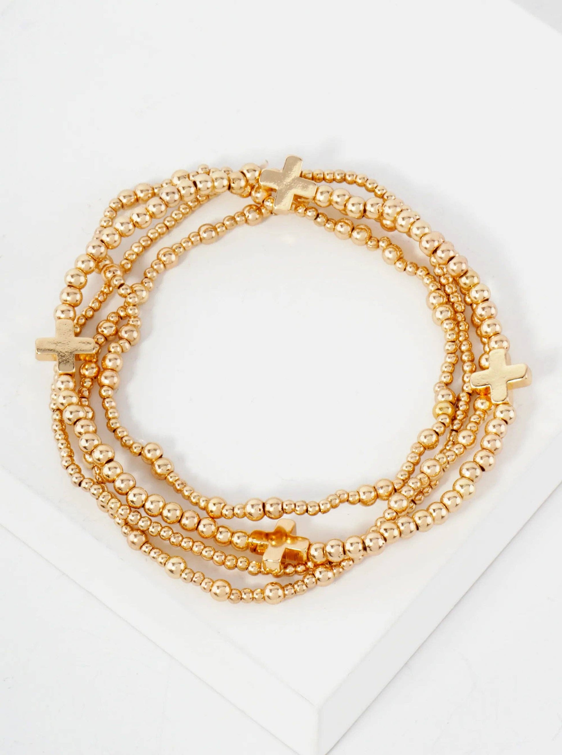 4PC-Set Cross Accents Metallic Beaded Stackable Stretch Bracelet