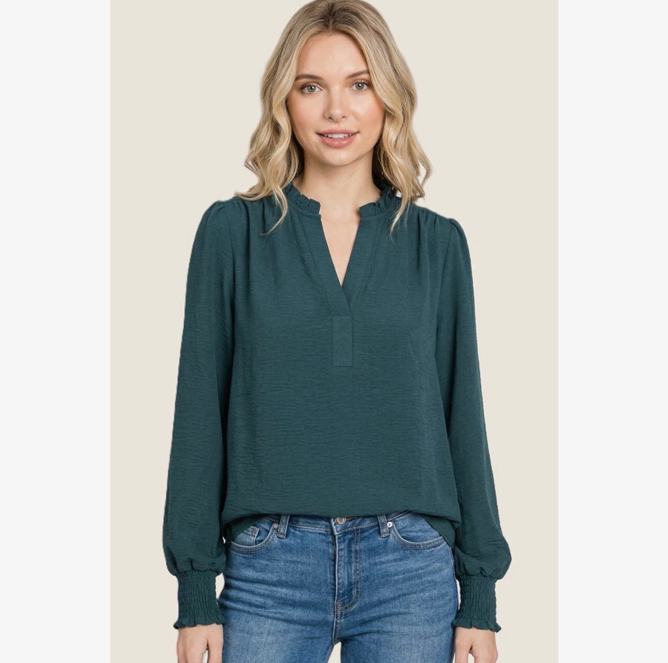 Split Neck Smocked Sleeve Blouse