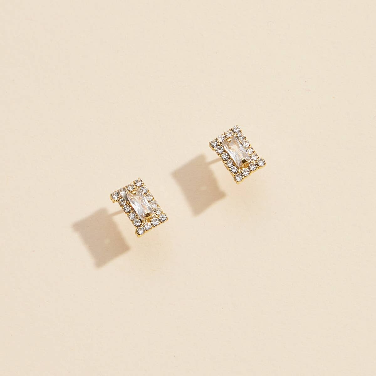 CZ & Rhinestone Rectangle Gold Dip Stud Earrings