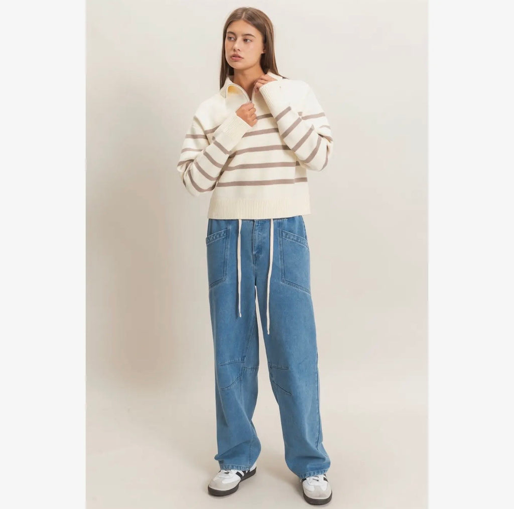 Half Zip Collared Stripe Sweater
