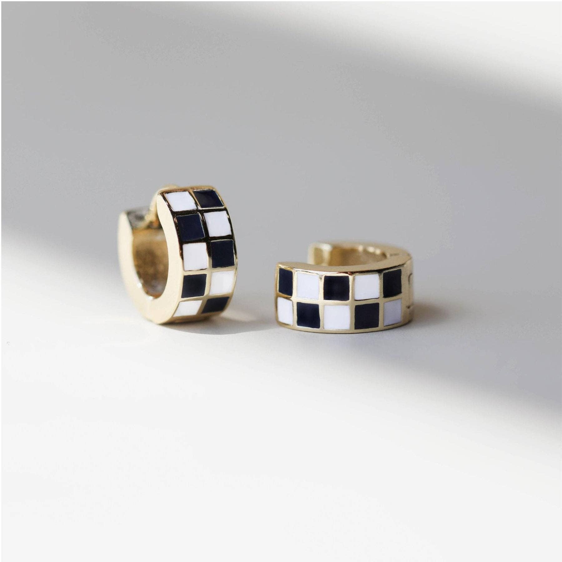 Black & White Checkered Enamel Huggie Earrings
