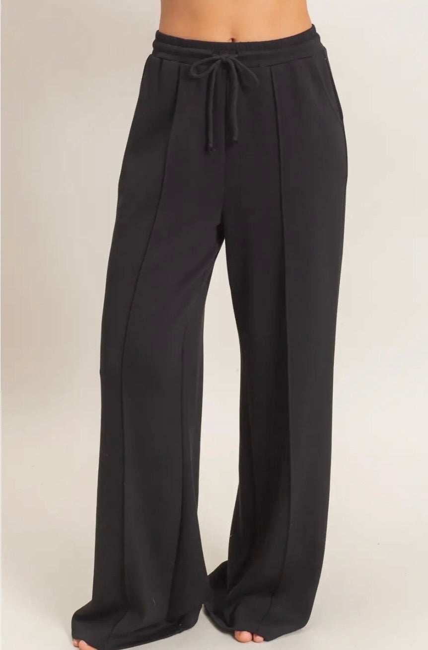 Drawstring Waist Pintuck Wide Leg Pants