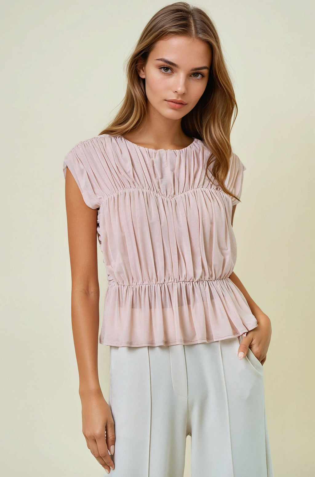 SEMI SHEER SHIRRED PEPLUM KNIT TOP