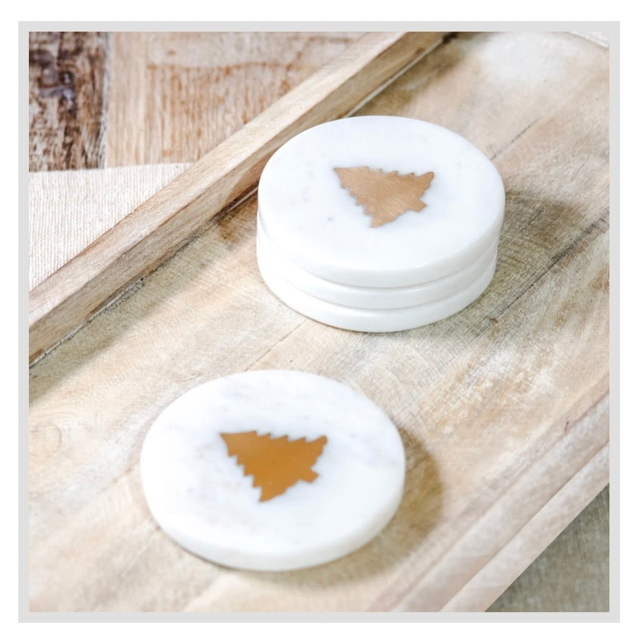 S/4 Gold Christmas Tree Marble Coasters