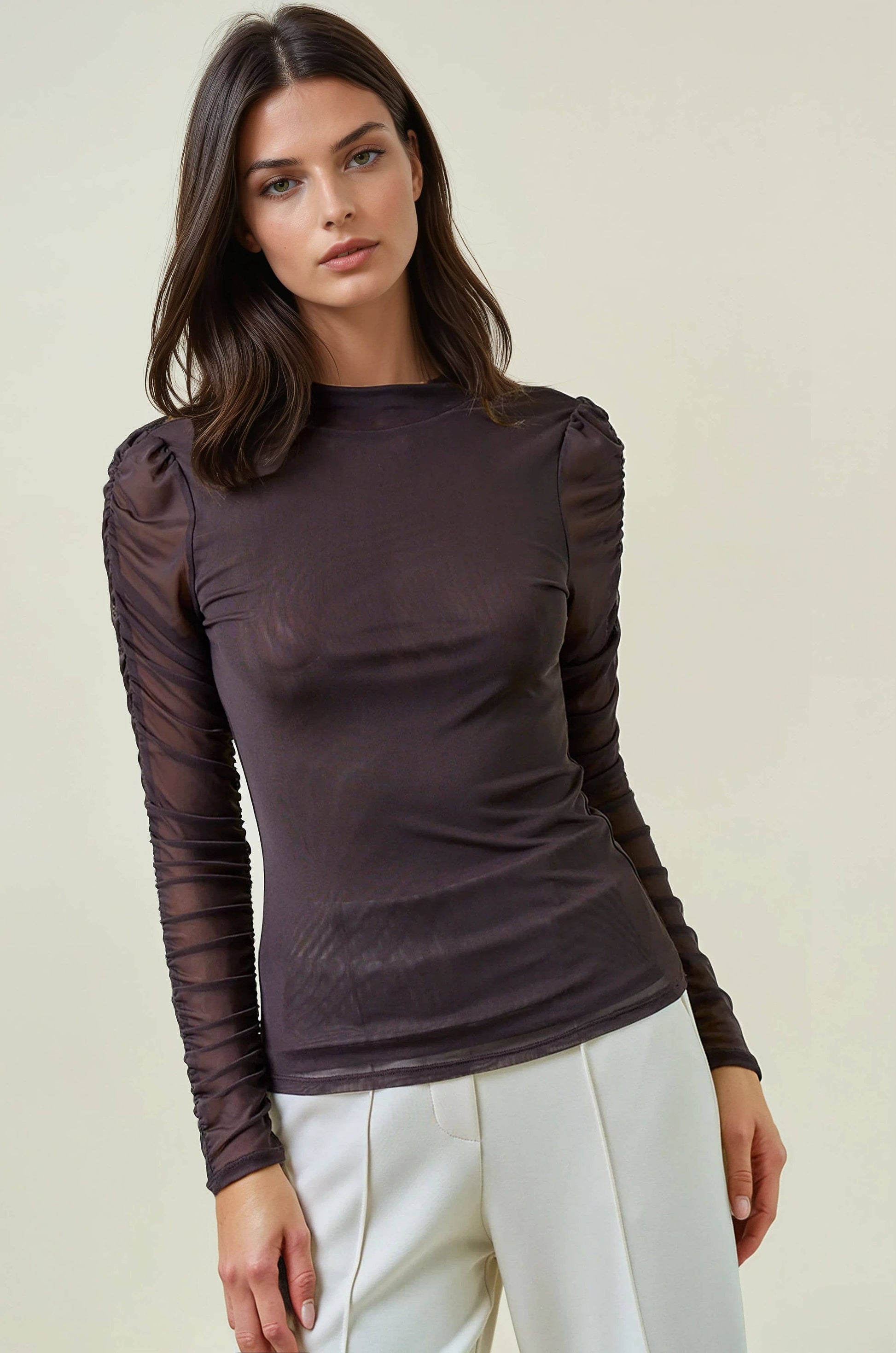 SEMI SHEER MOCK NECK LONG SLEEVE TEE